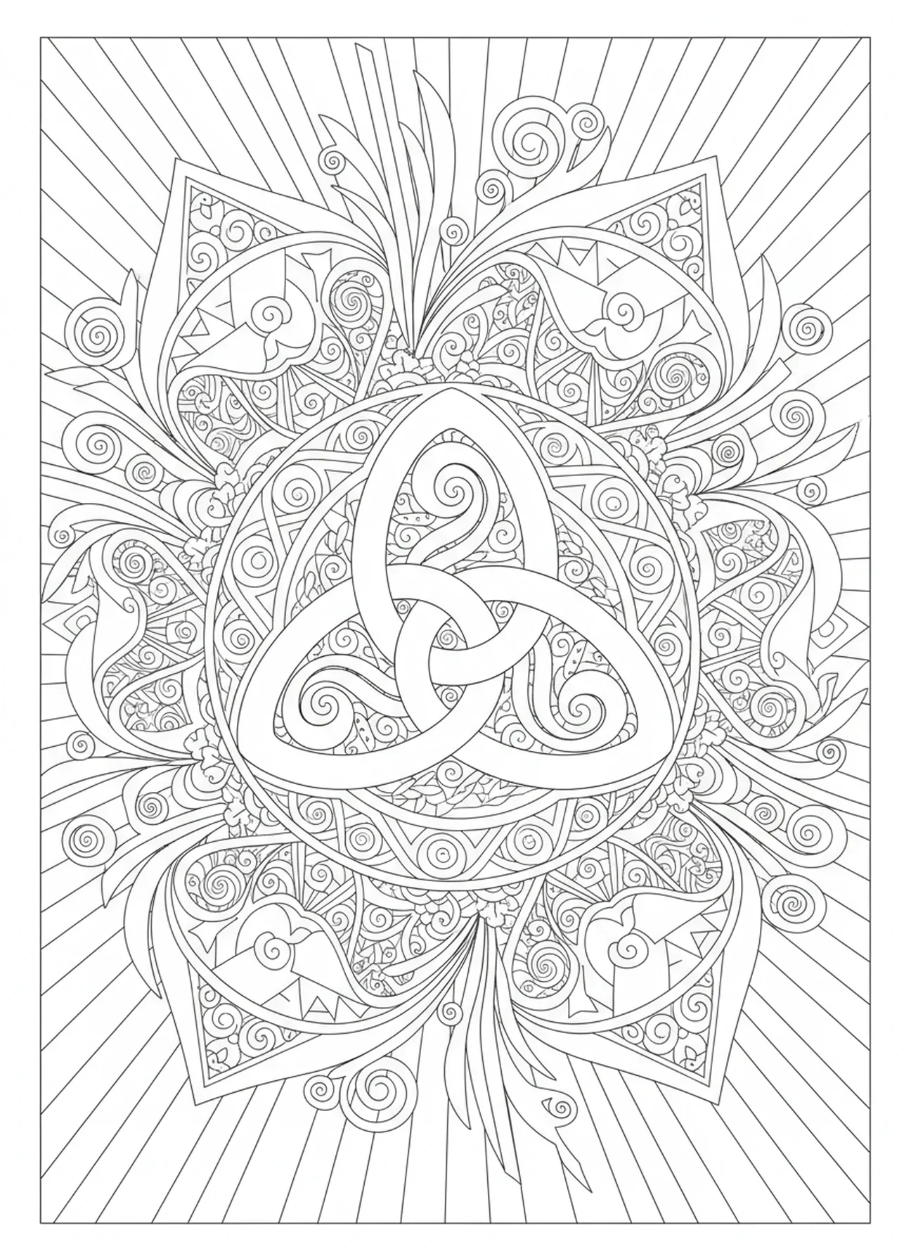 Dessins géométriques autour, page à colorier du Nœud de la Trinité dans un style de journal biblique pour adultes.