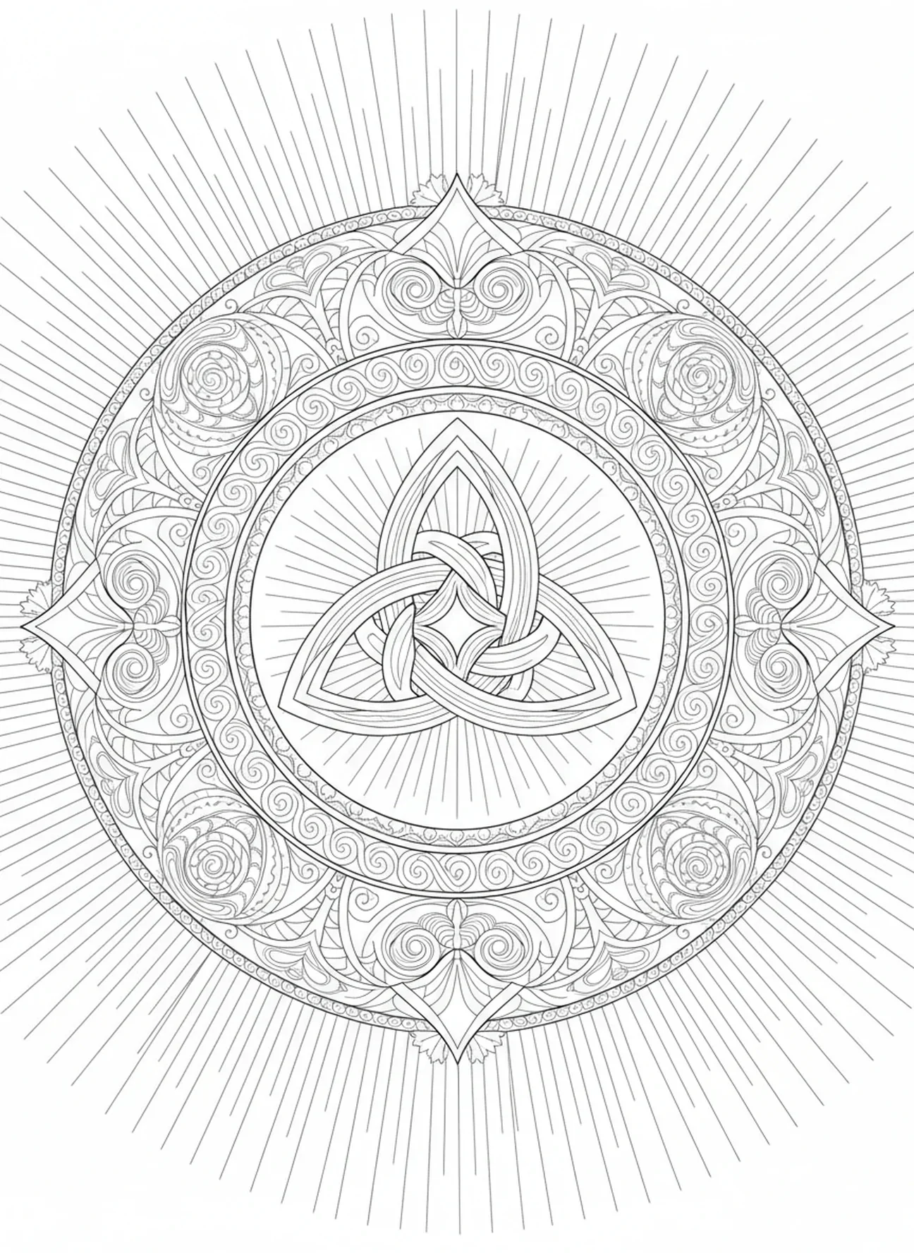 Cercle concentriques autour, page à colorier du Nœud de la Trinité pour adultes dans le style du journal biblique.