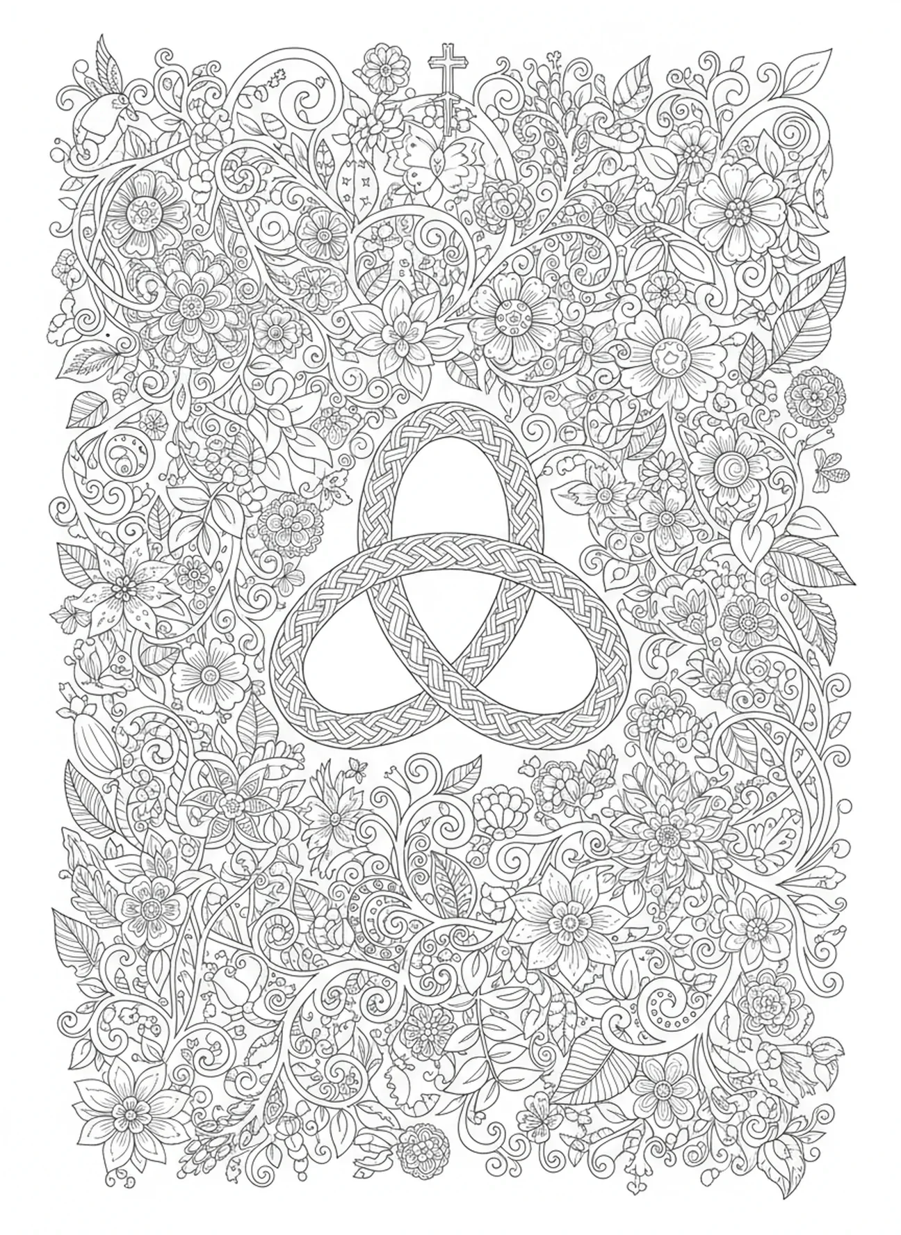 Éléments naturels entrelacés, page à colorier du Nœud de la Trinité pour le style de journal biblique pour adultes.