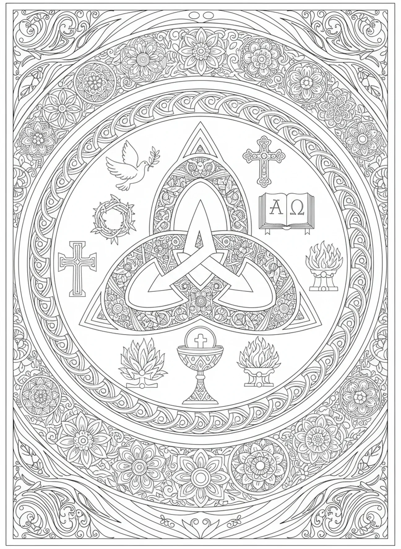 Symboles spirituels embellissant, page à colorier du nœud de la Trinité pour le journal biblique des adultes.