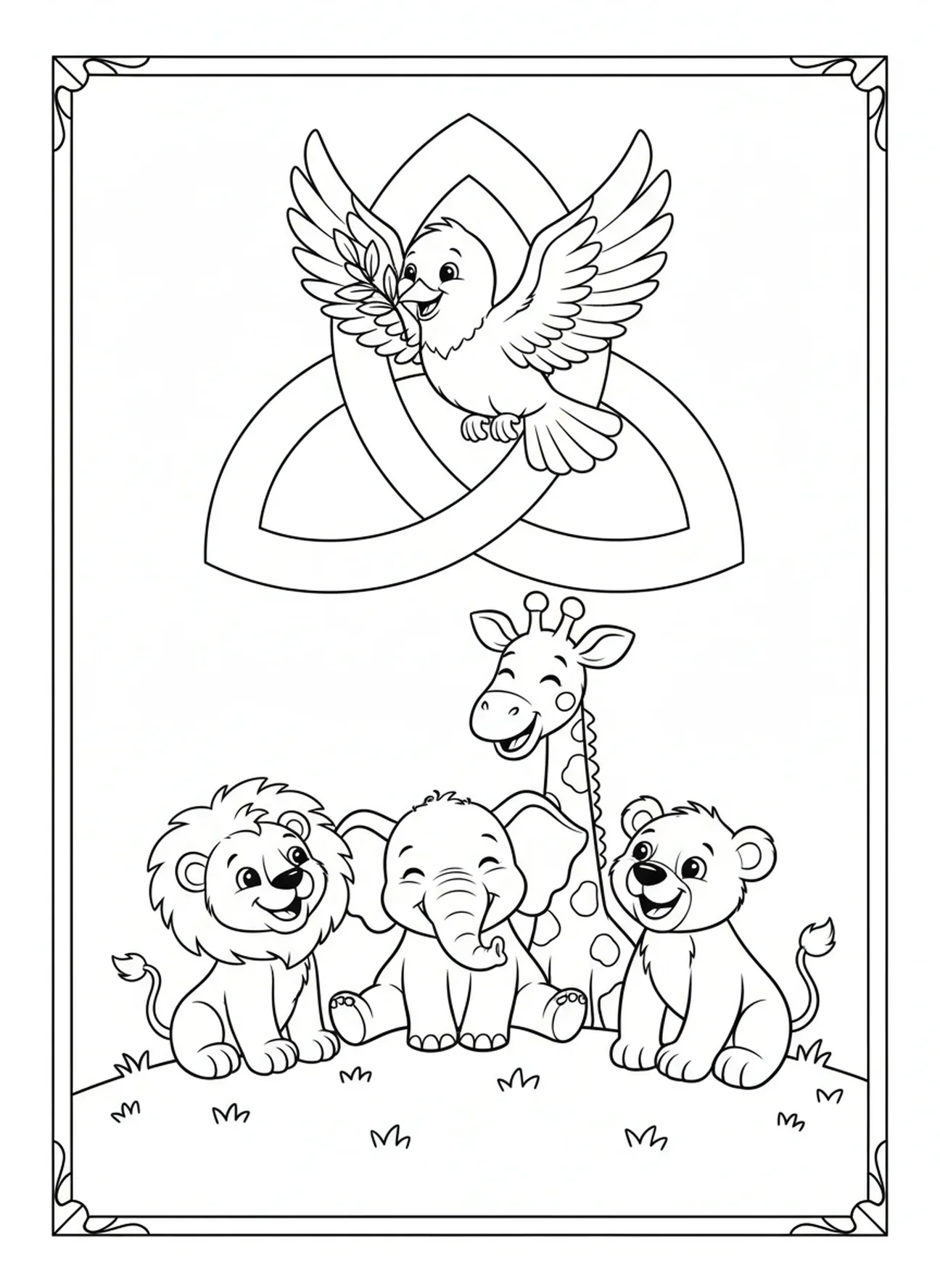 Colombe avec branche d'olivier, page à colorier nœud de la Trinité pour enfants de 5 à 10 ans