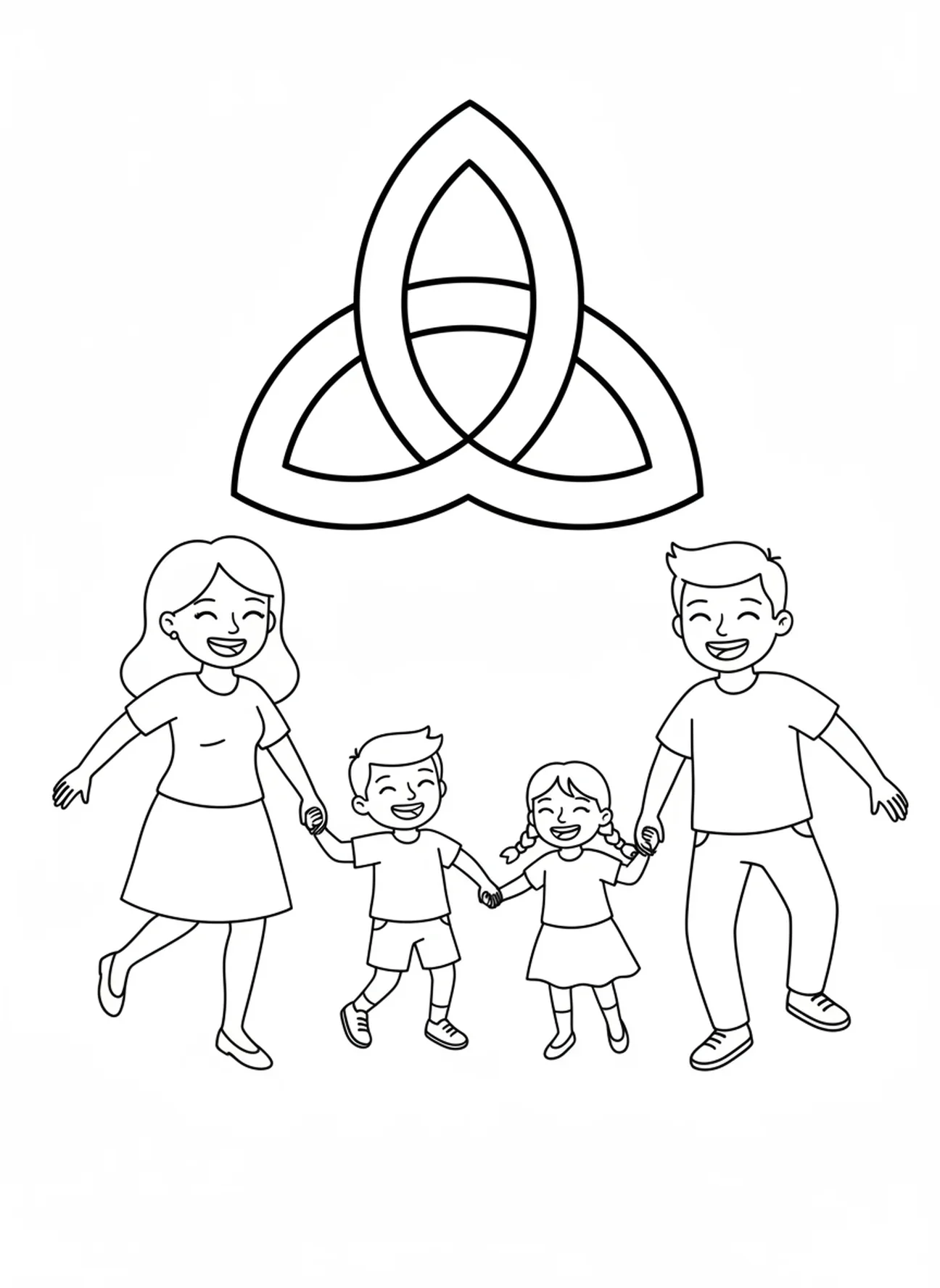 Famille heureuse de quatre, page à colorier sur le nœud triquetra pour les enfants de 5 à 10 ans