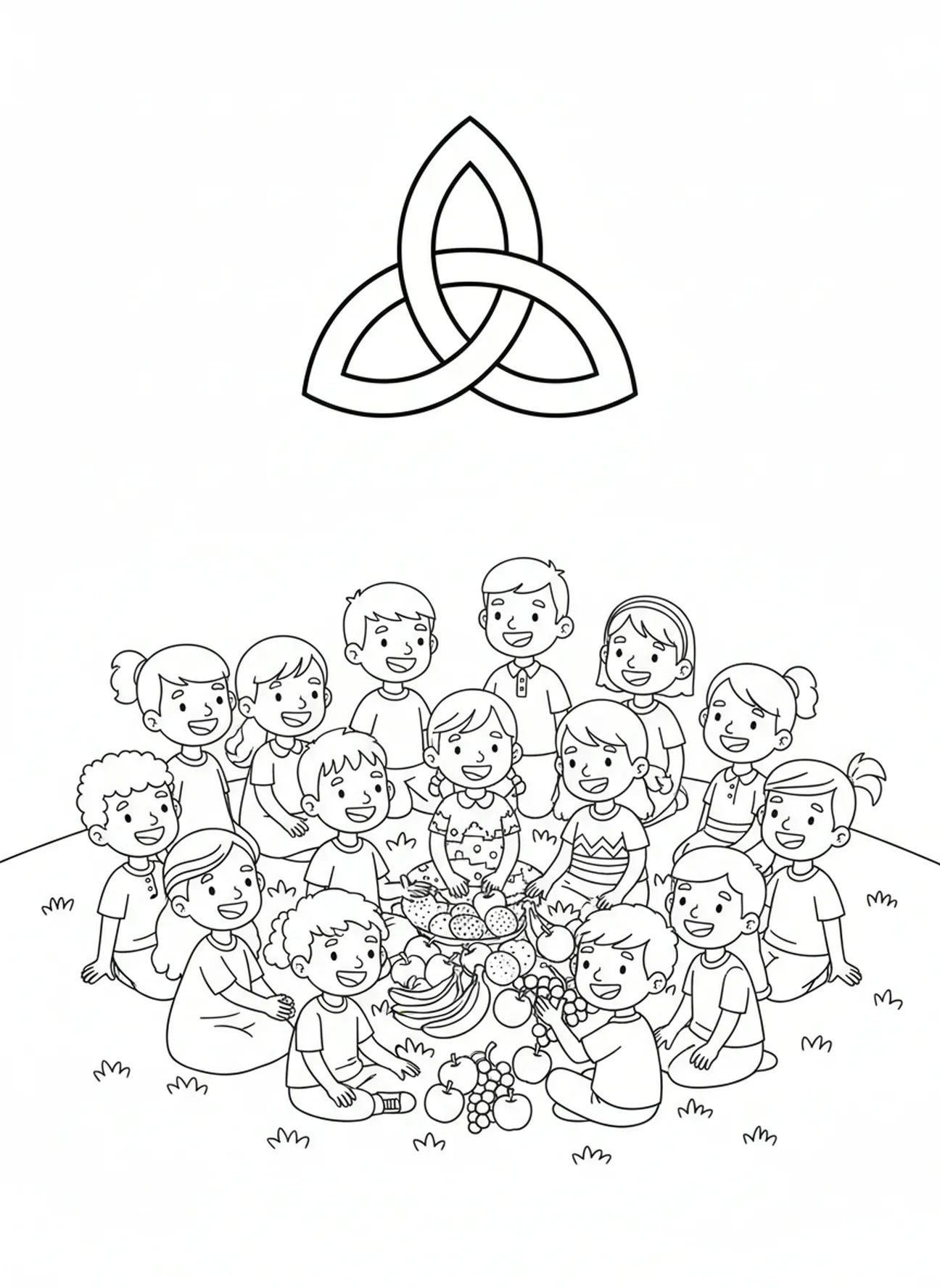 Groupe de personnes diverses, page à colorier du Nœud de la Trinité pour enfants de 5 à 10 ans