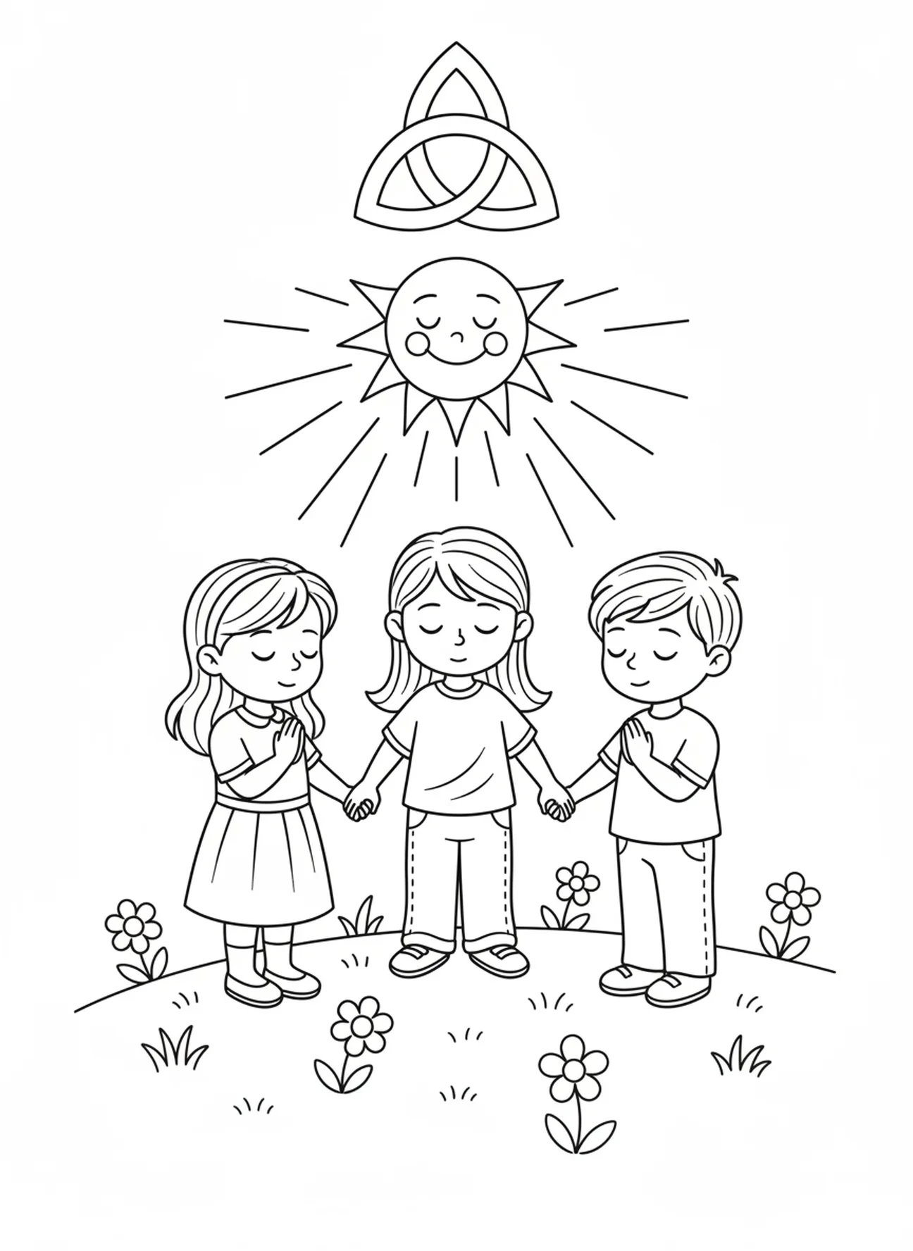 Trois enfants en dessin animé, page à colorier sur le nœud de la Trinité pour les enfants de 5 à 10 ans