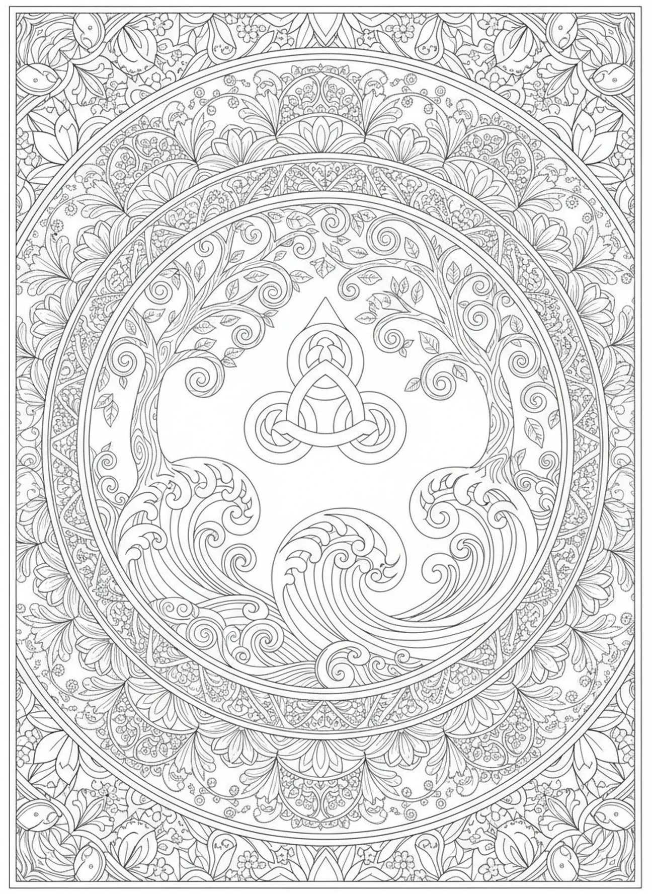 Natur Elemente, Symbol der Dreifaltigkeit Ausmalbild für Erwachsene im Bibel-Journaling-Stil.