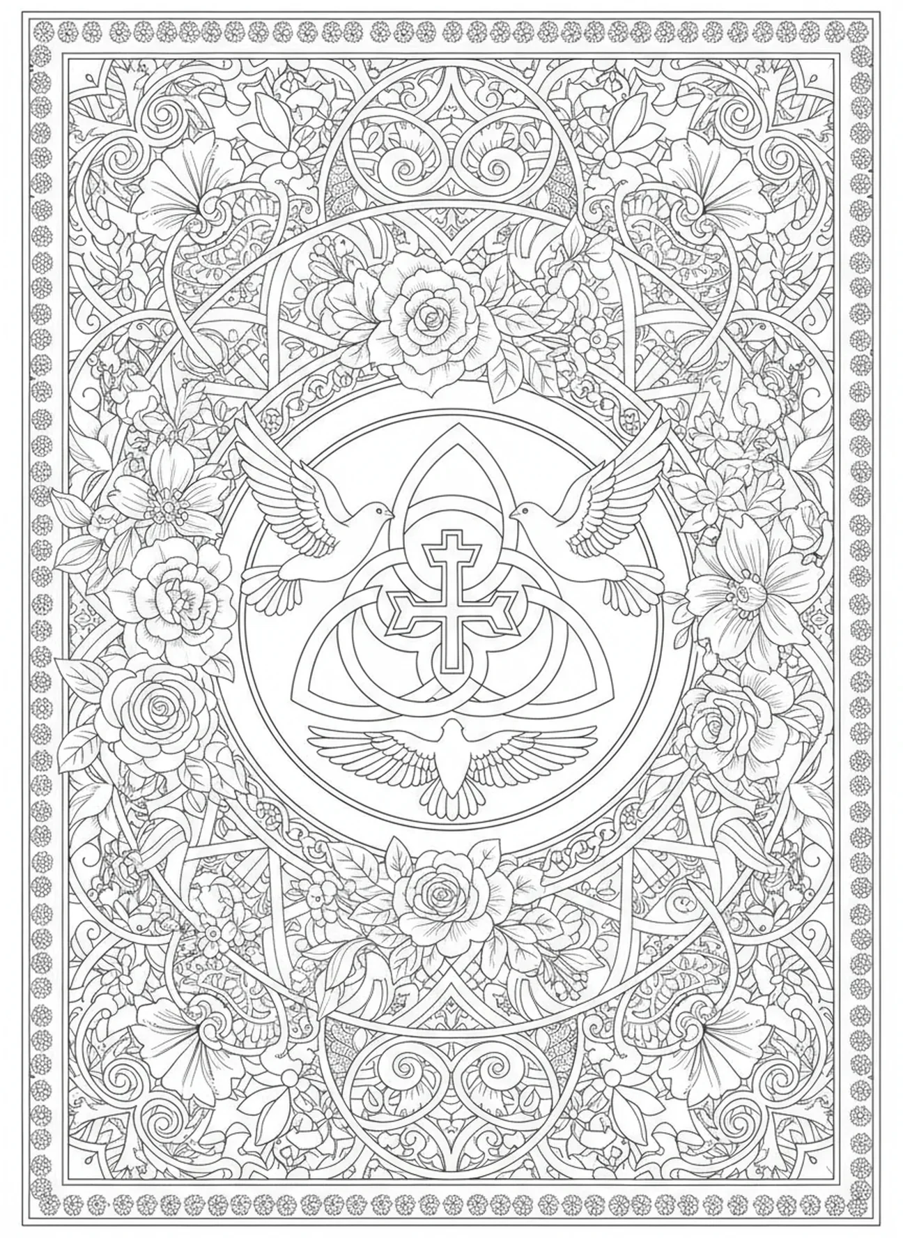Tauben umkreisen, Symbol der Dreifaltigkeit Ausmalbild für Erwachsene im Stil des Bibeljournaling.