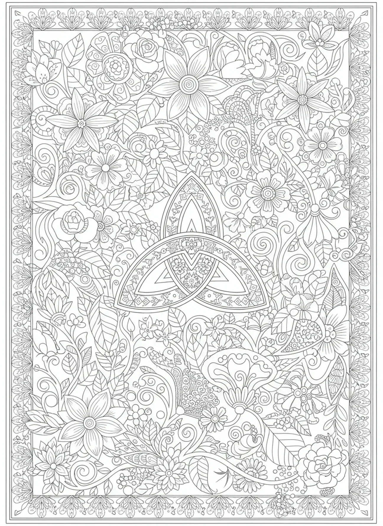 Aufwendige Blumen, Symbol der Dreifaltigkeit Ausmalbild für Erwachsene im Stil des Bibeljournaling.