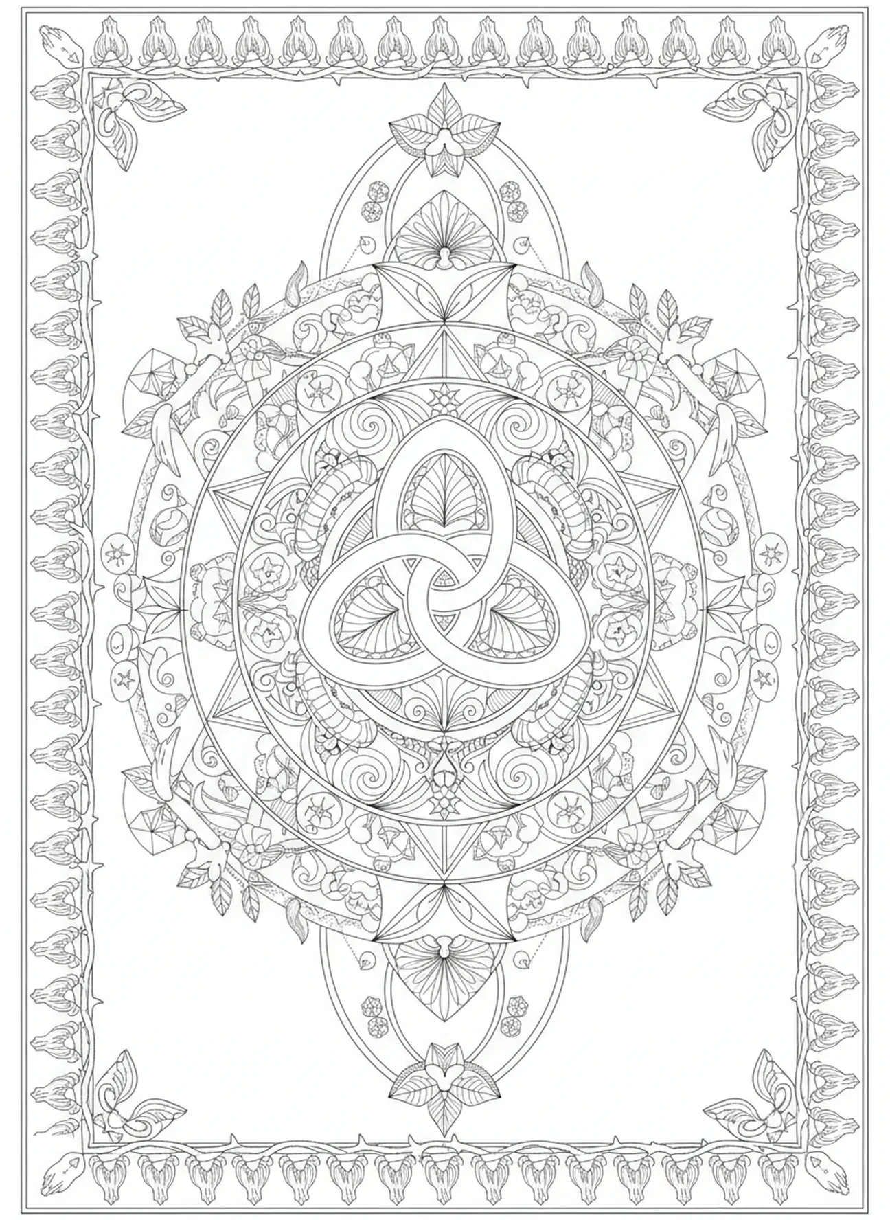 Komplexe Geometrie, Symbol der Dreifaltigkeit Ausmalbild für Erwachsene im Stil des Bibel-Journaling.