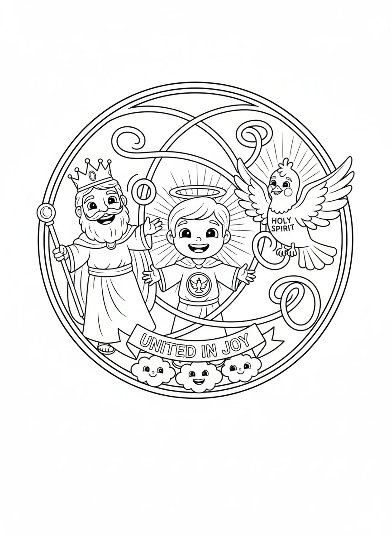 Círculo com personagens alegres, página de colorir do Símbolo da Trindade para crianças de 5 a 10 anos
