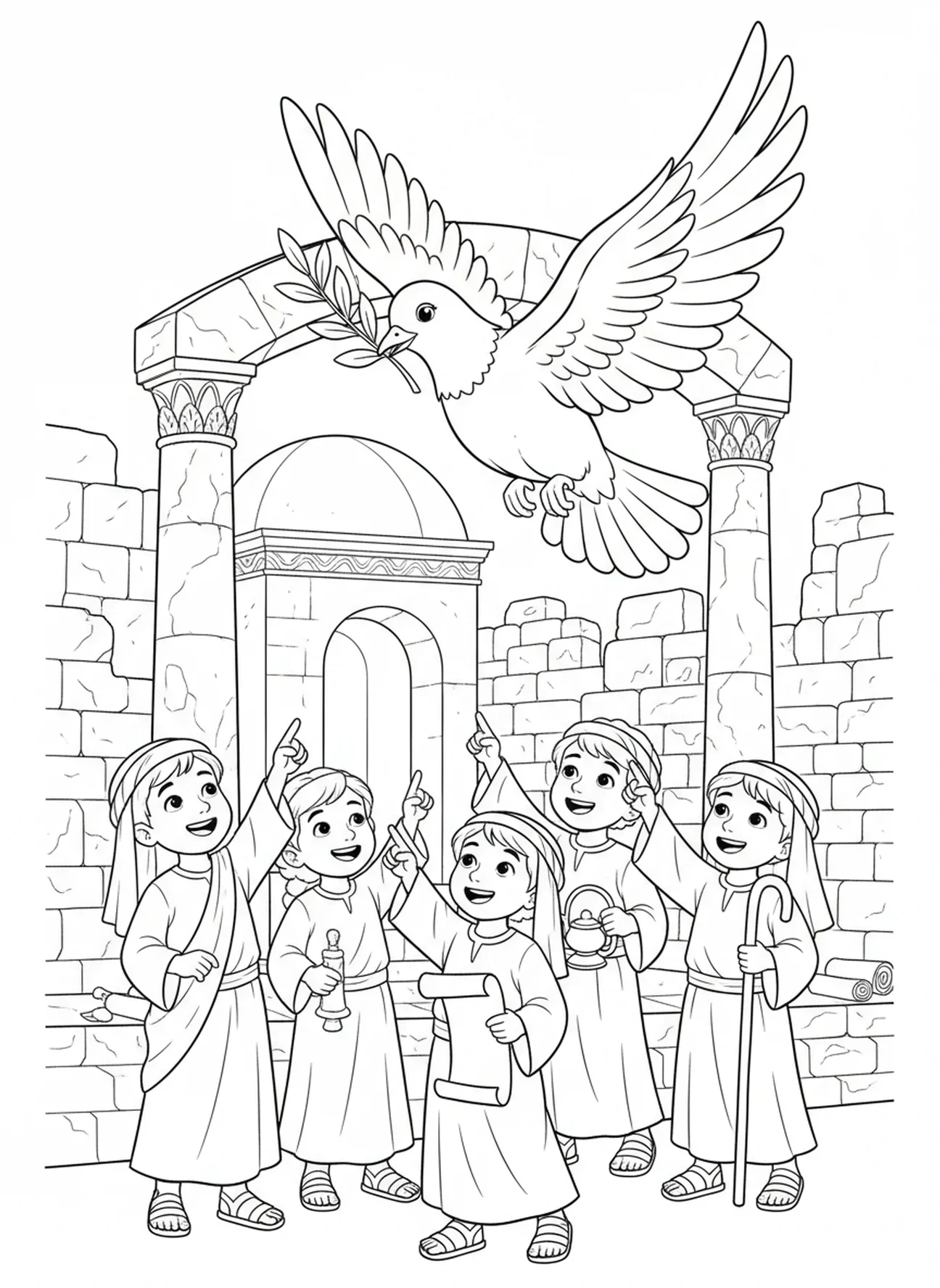 Fliegende Taube, Symbol der Dreifaltigkeit Ausmalbild für Sonntagsschulkinder im Alter von 5-12 Jahren