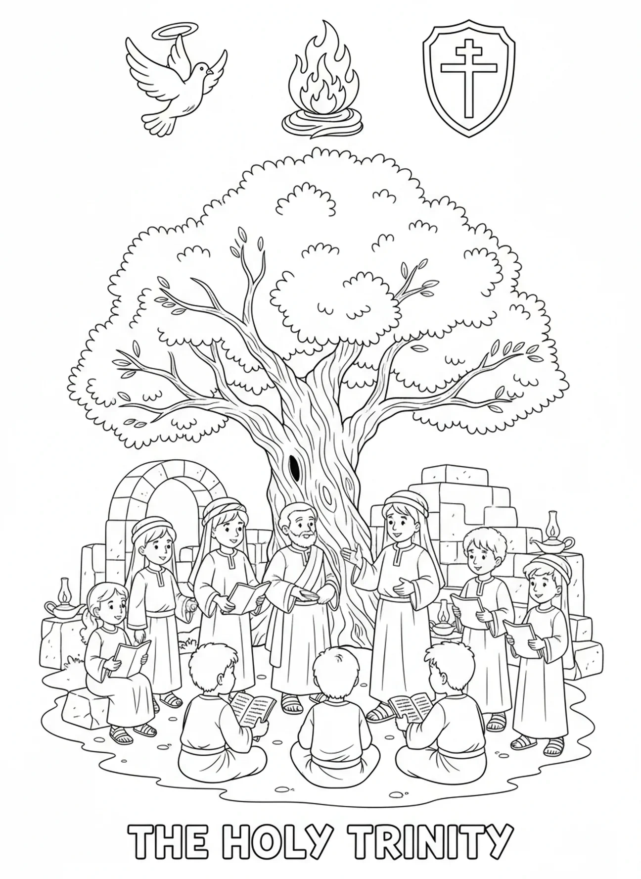 Drei Symbole der Dreifaltigkeit, Ausmalbild der Dreifaltigkeit für Kinder in der Sonntagsschule im Alter von 5-12 Jahren