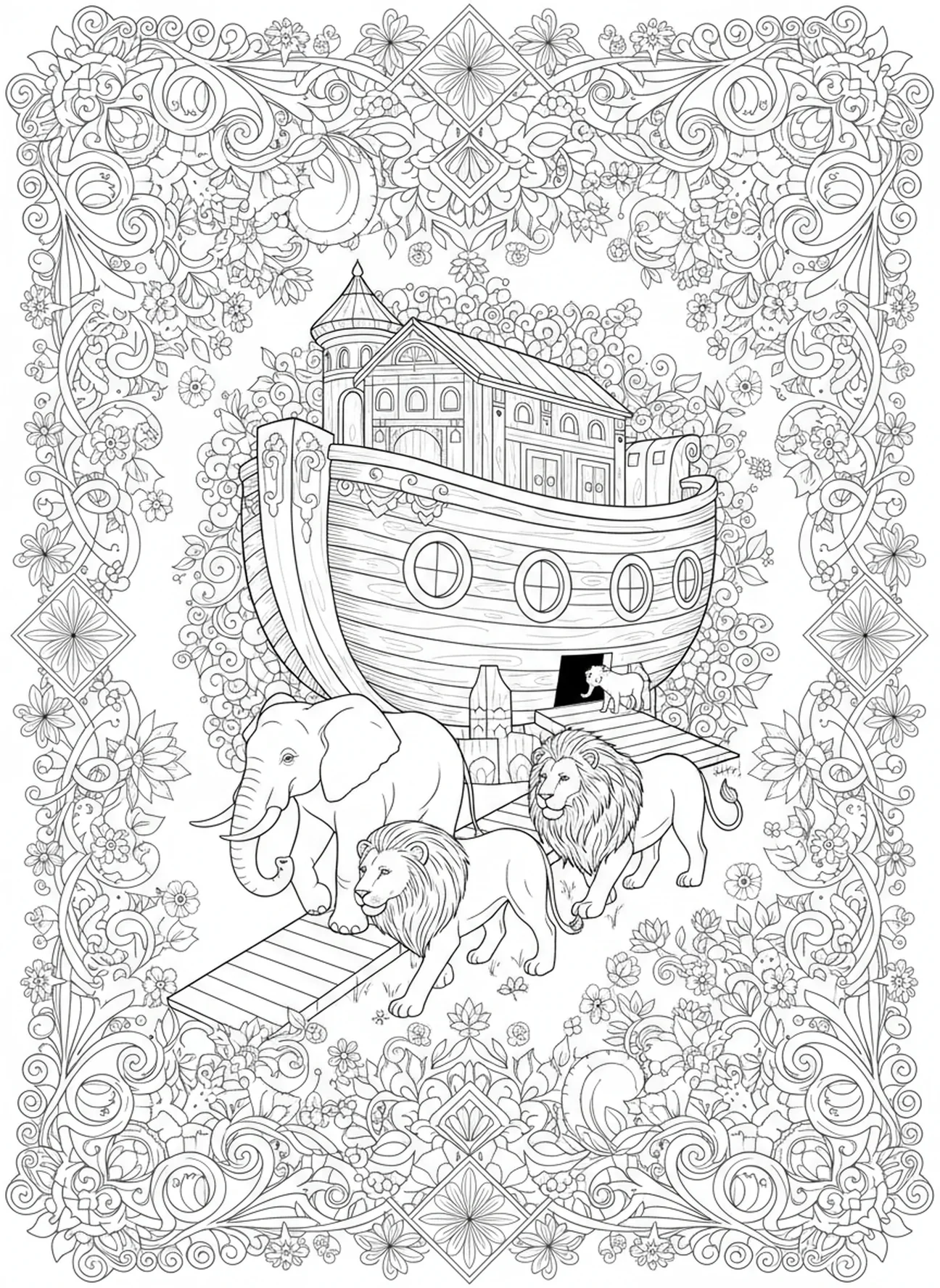 Pares de animales entrando en el arca, página para colorear del tema de confianza en la Biblia, estilo de journaling bíblico para adultos.