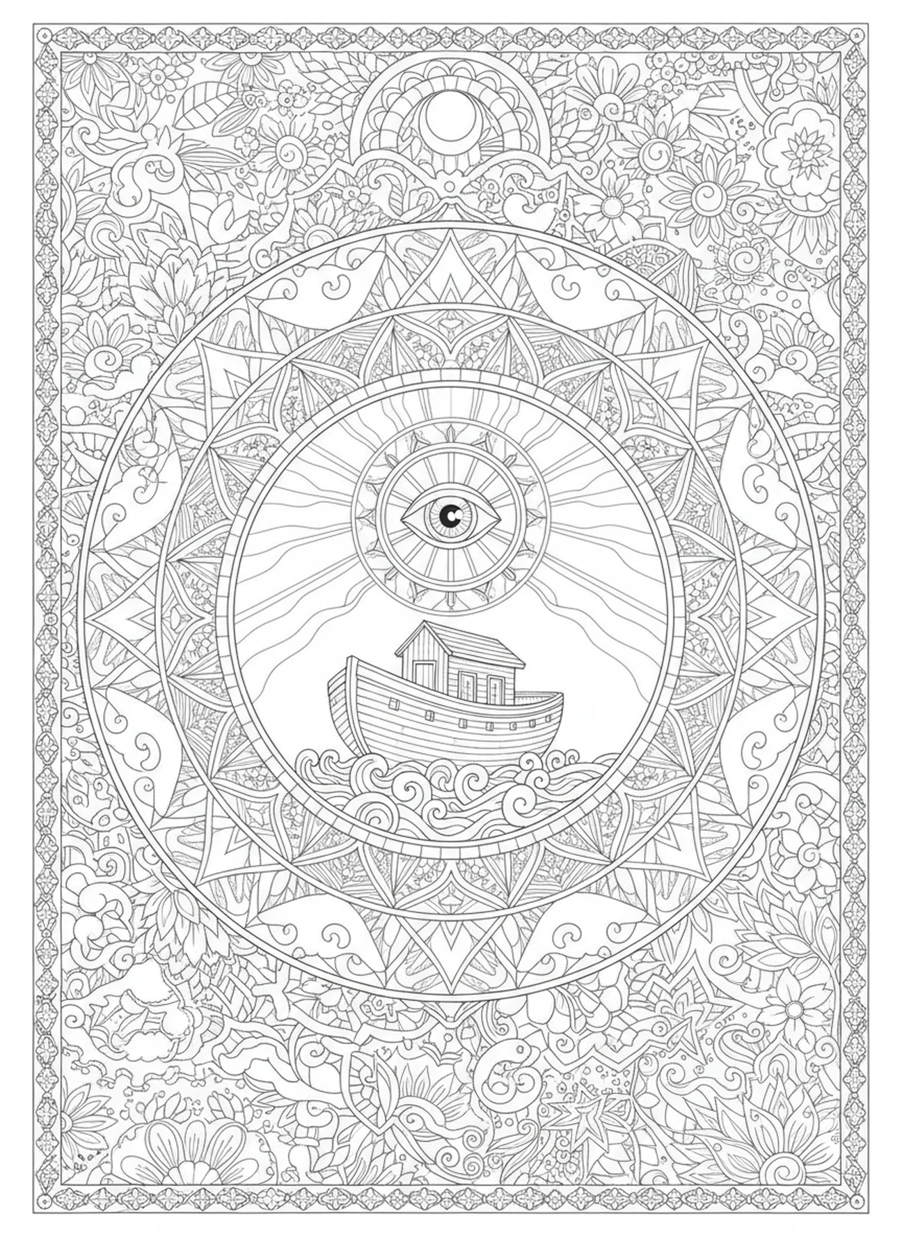 Símbolo brillante del pacto de Dios, página para colorear con el tema de confianza en la Biblia para adultos en estilo de journaling bíblico.