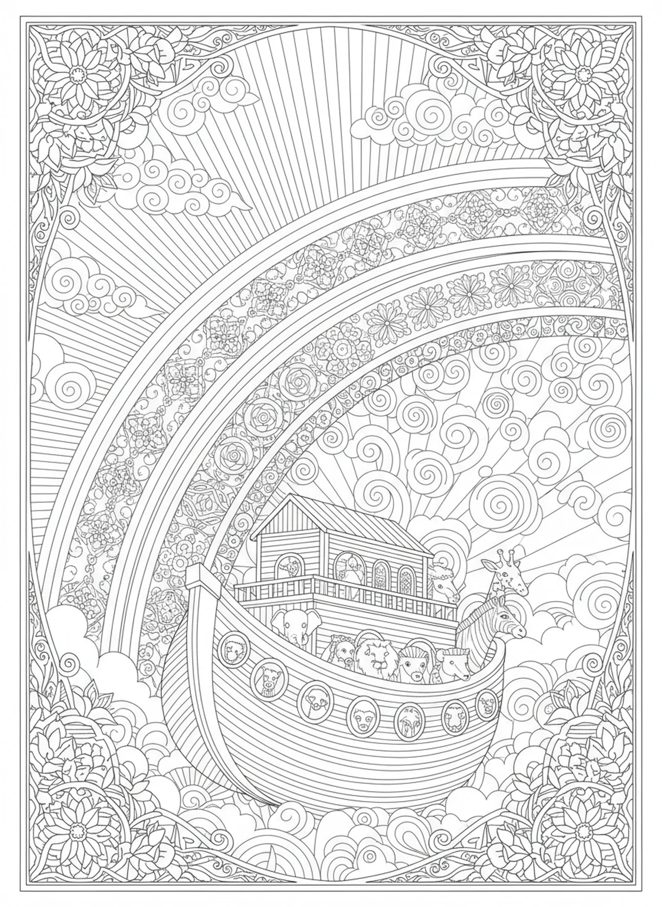 Arcoíris sobre el arca, página para colorear del tema de confianza en la Biblia, estilo de journaling bíblico para adultos.
