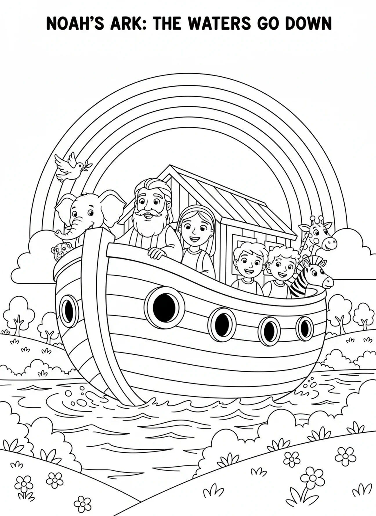 La famille de Noé observant, page à colorier sur le thème de la confiance biblique pour les enfants de 5 à 10 ans