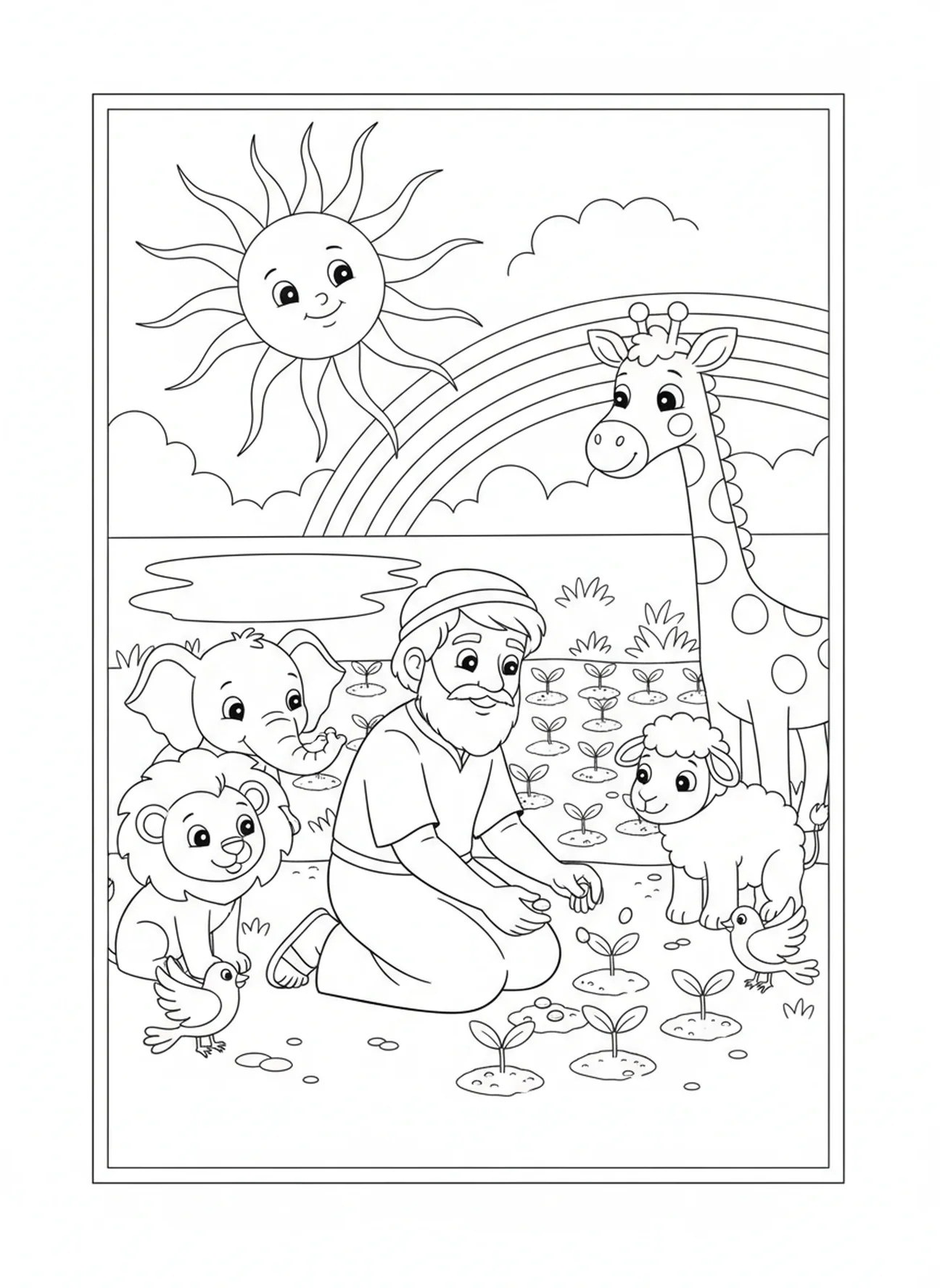Noé plantant des graines, page à colorier sur le thème de la confiance pour les enfants de 5 à 10 ans