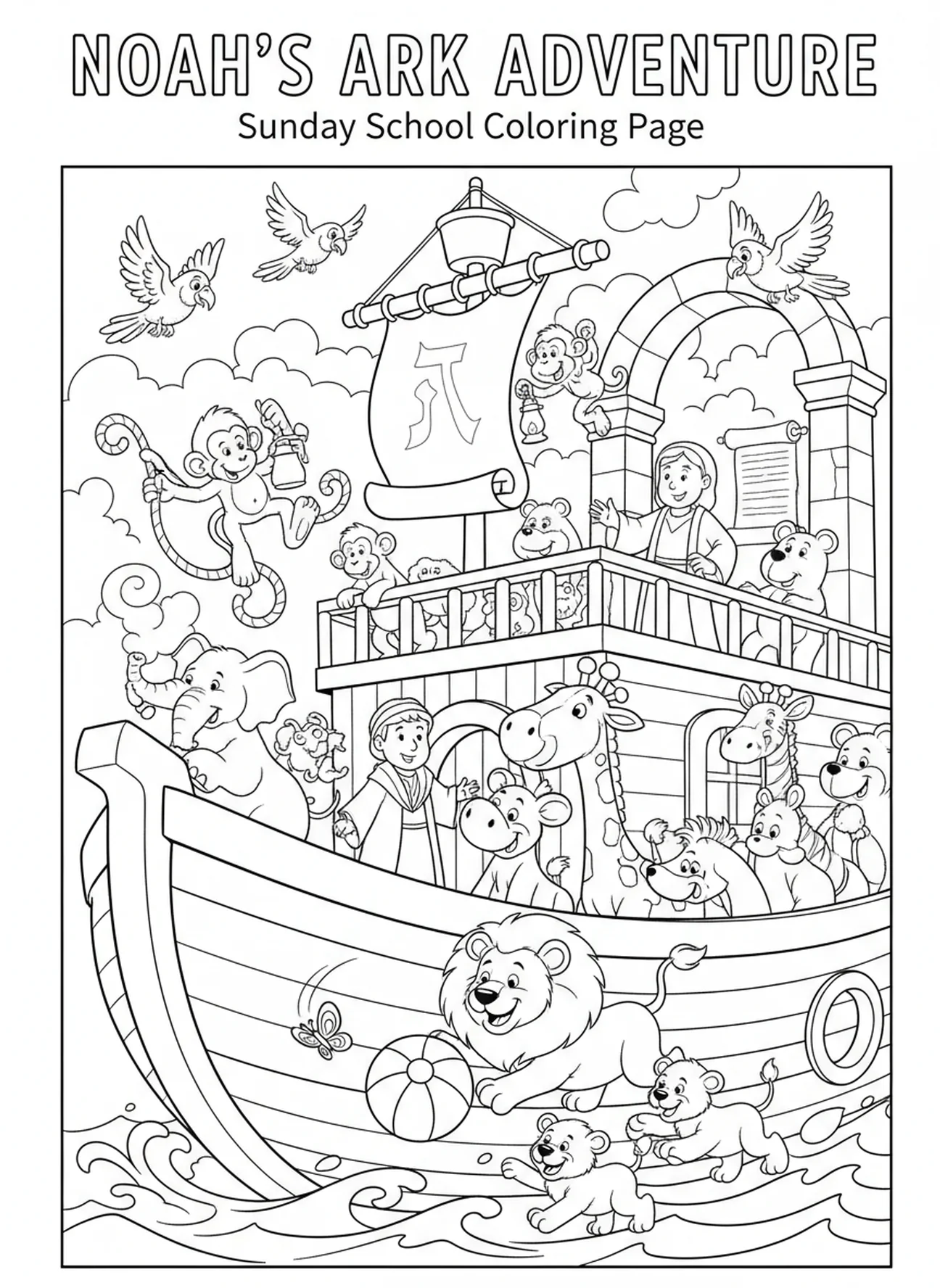 Animaux jouant sur l'arche, page à colorier sur le thème de la confiance pour les enfants de l'École du dimanche âgés de 5 à 12 ans.