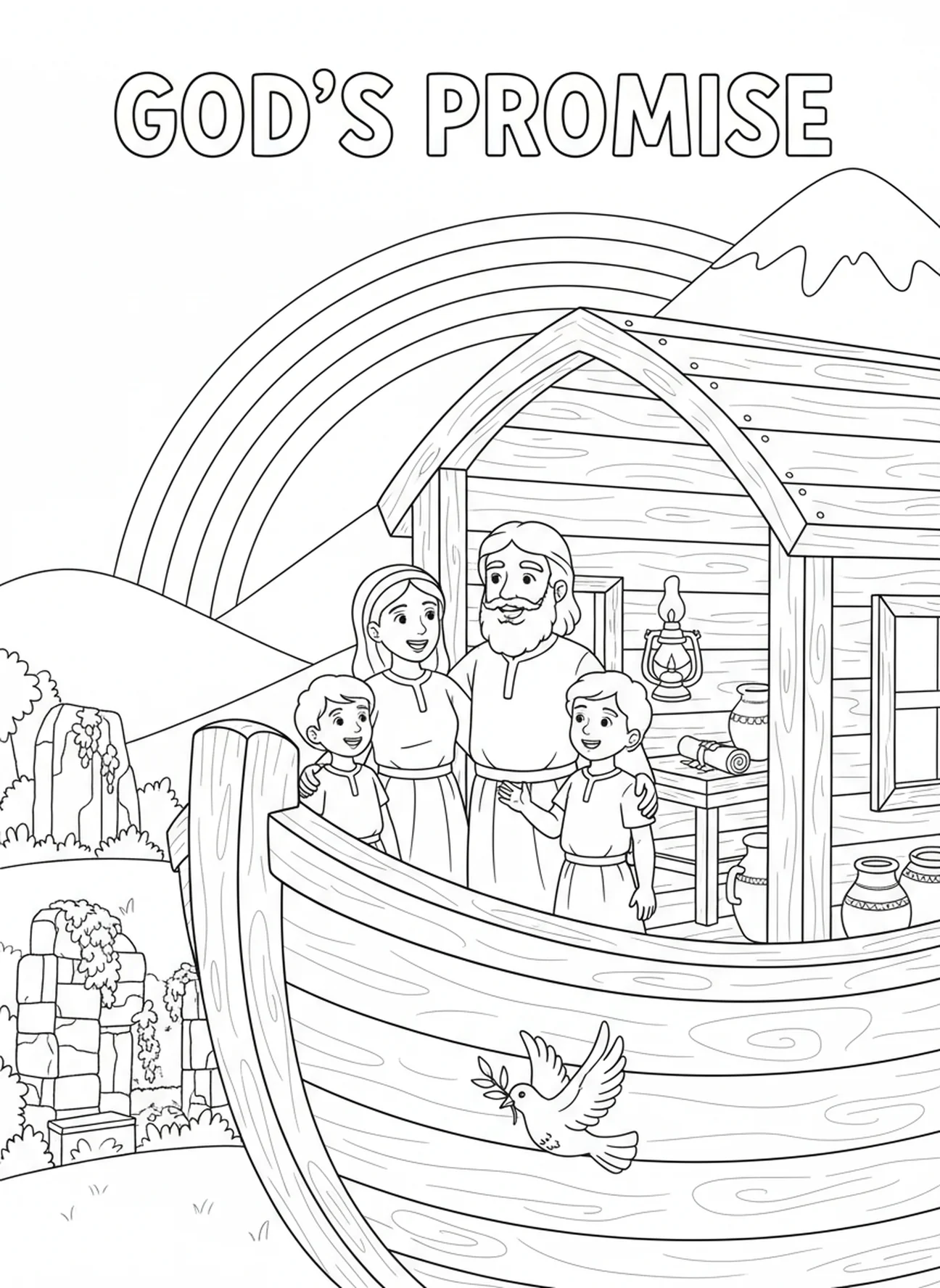 Noé et sa famille sur l'arche, page à colorier sur le thème de la confiance pour les enfants de l'École du dimanche âgés de 5 à 12 ans.