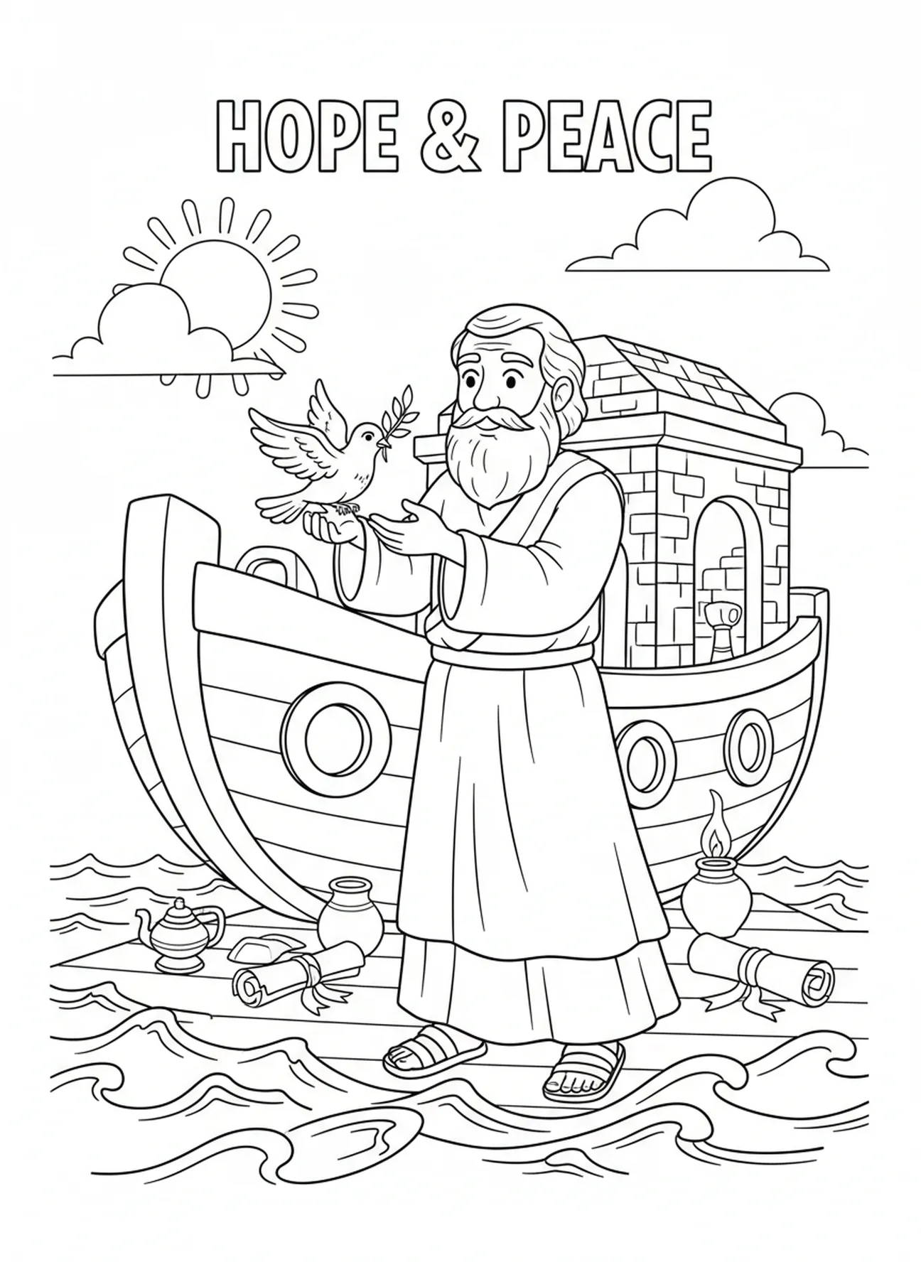 Noé libérant une colombe, page à colorier sur le thème de la confiance pour les enfants de l'École du dimanche âgés de 5 à 12 ans.
