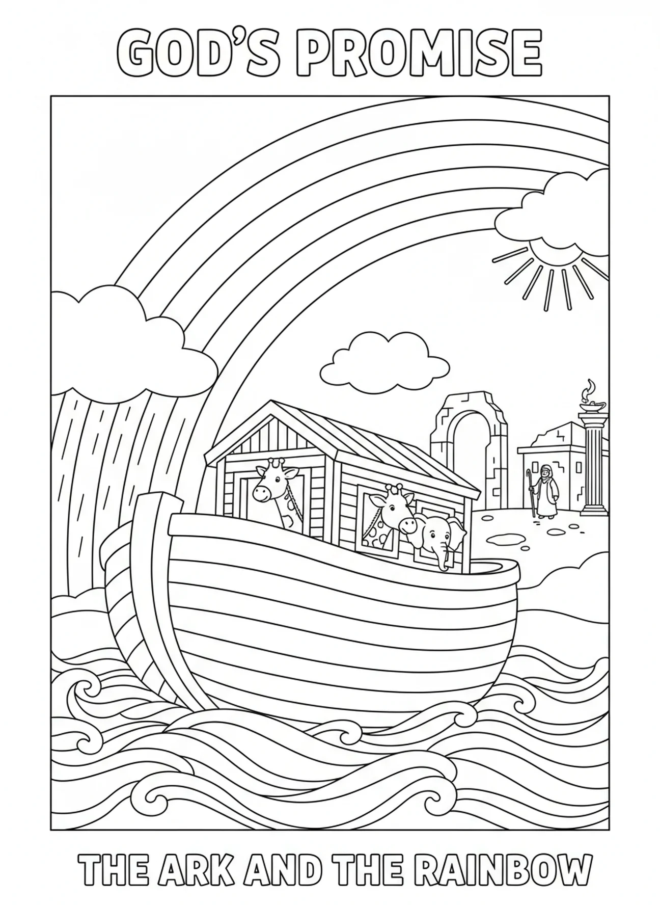 Arc-en-ciel au-dessus de l'arche, page à colorier sur le thème de la confiance pour les enfants de l'École du dimanche âgés de 5 à 12 ans.