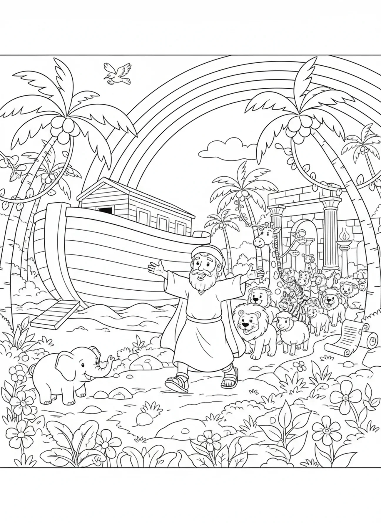 Noah and animals on land, Trust coloring page for Sunday school children age 5-12