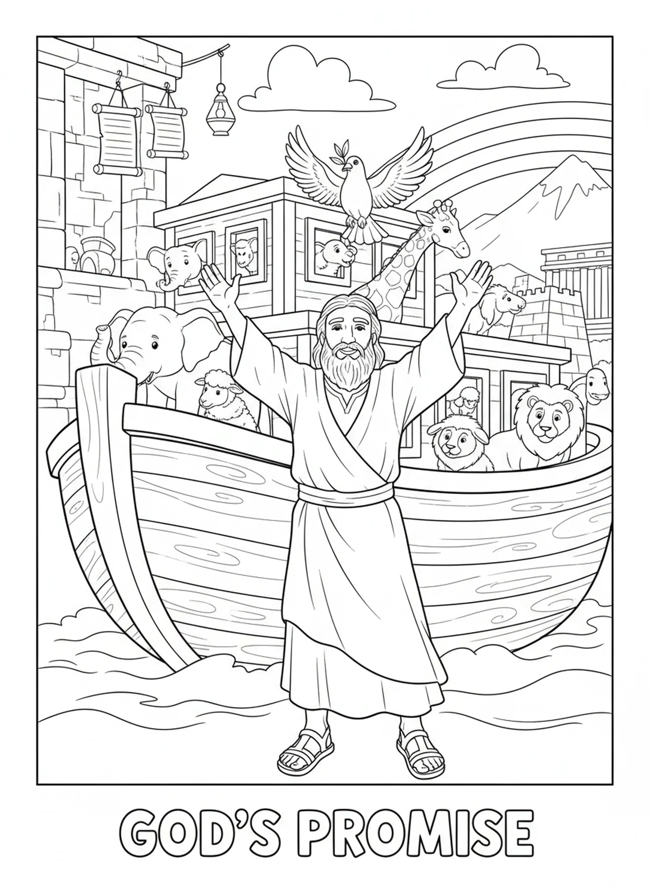 Noah with olive branch, Trust coloring page for Sunday school children age 5-12