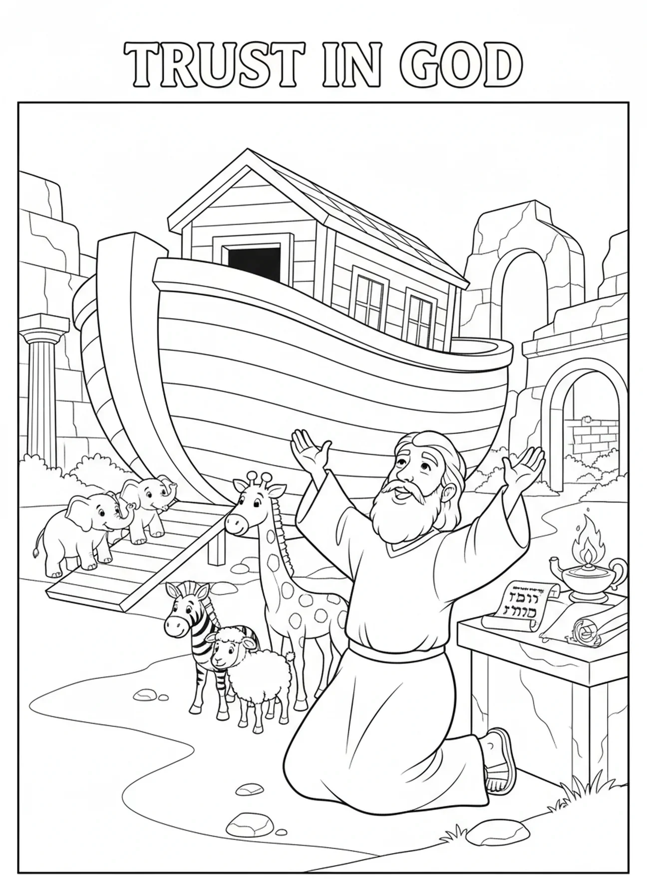 Noah kneeling in gratitude, Trust coloring page for Sunday school children age 5-12