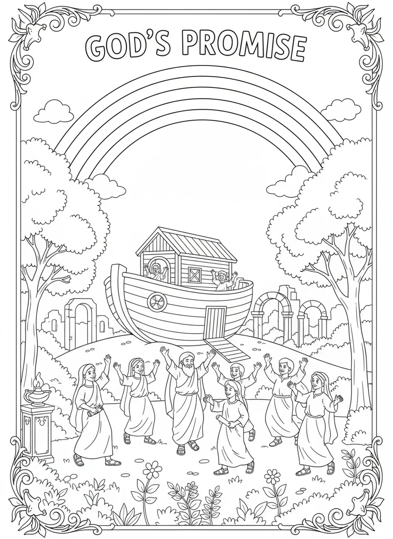 Rainbow over the ark, Trust coloring page for Sunday school children age 5-12