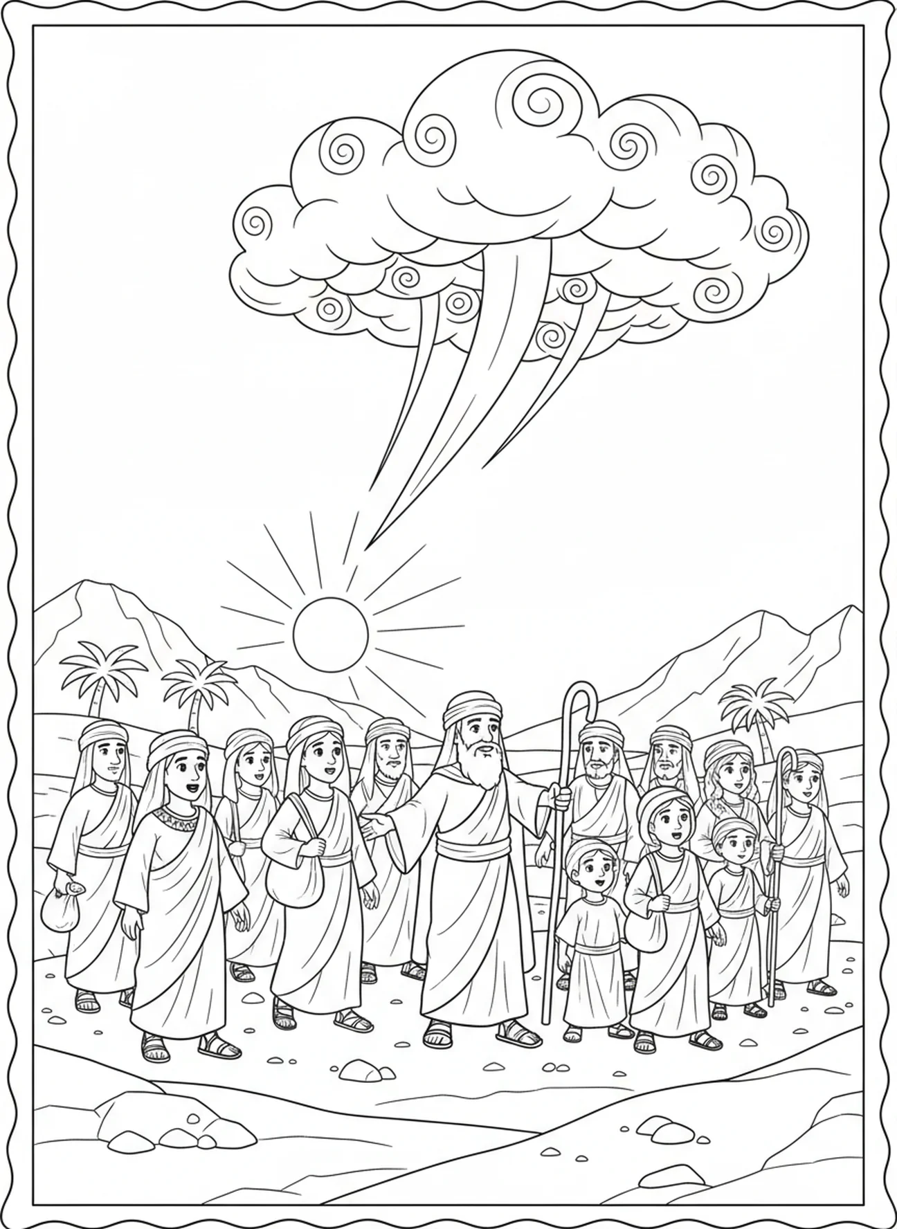 Israeliten wandern durch die Wüste, Ausmalbild für die Ferien-Bibelwoche über das alte Ägypten für Kinder im Alter von 5-10 Jahren