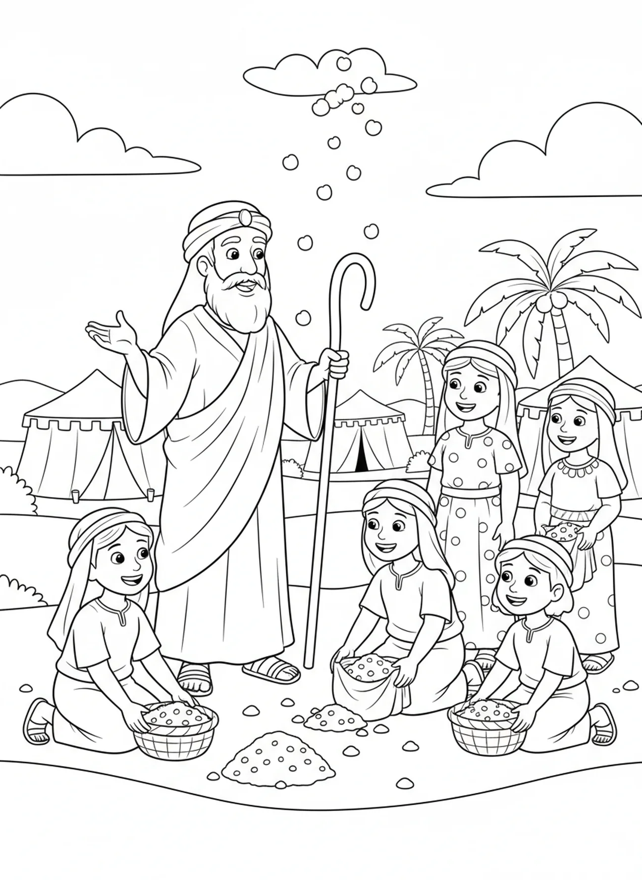 Mose lehrt über das Manna, Ausmalbild für die Sonntagsschule über das alte Ägypten für Kinder im Alter von 5-10 Jahren
