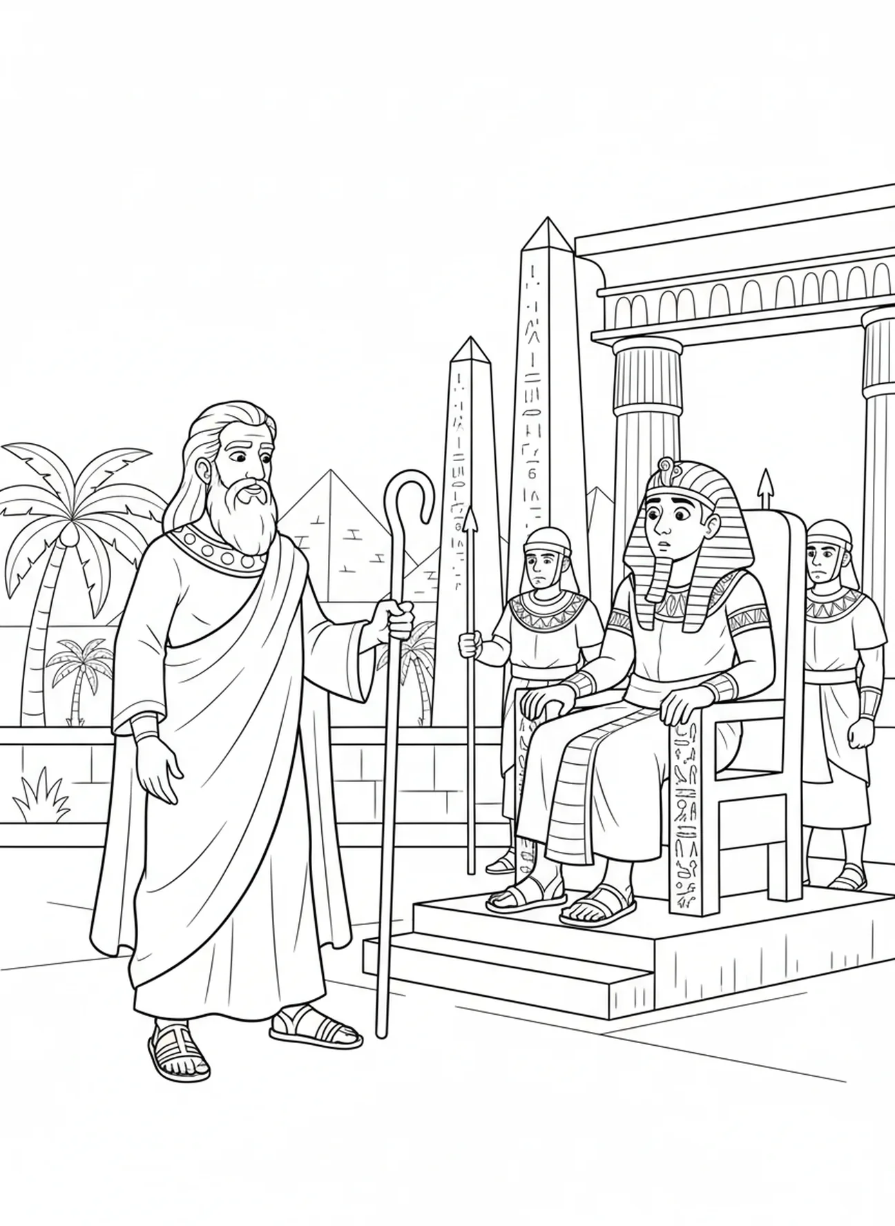 Moses konfrontiert den Pharao, Ausmalbild für die Sonntagsschule im alten Ägypten für Kinder im Alter von 5-10 Jahren