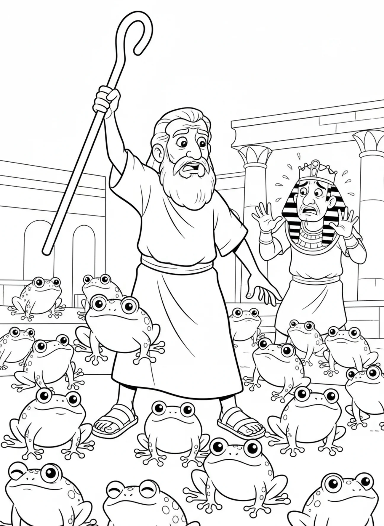 Moses befiehlt die Plagen, Ausmalbild für die Sonntagsschule über das alte Ägypten für Kinder im Alter von 5-10 Jahren