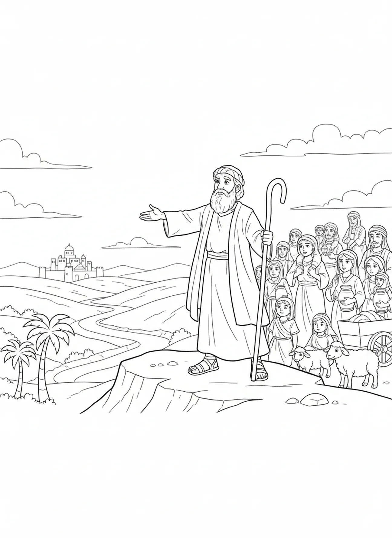 Mose blickt auf das verheißene Land, Ausmalbild für die Sonntagsschule über das alte Ägypten für Kinder im Alter von 5-10 Jahren
