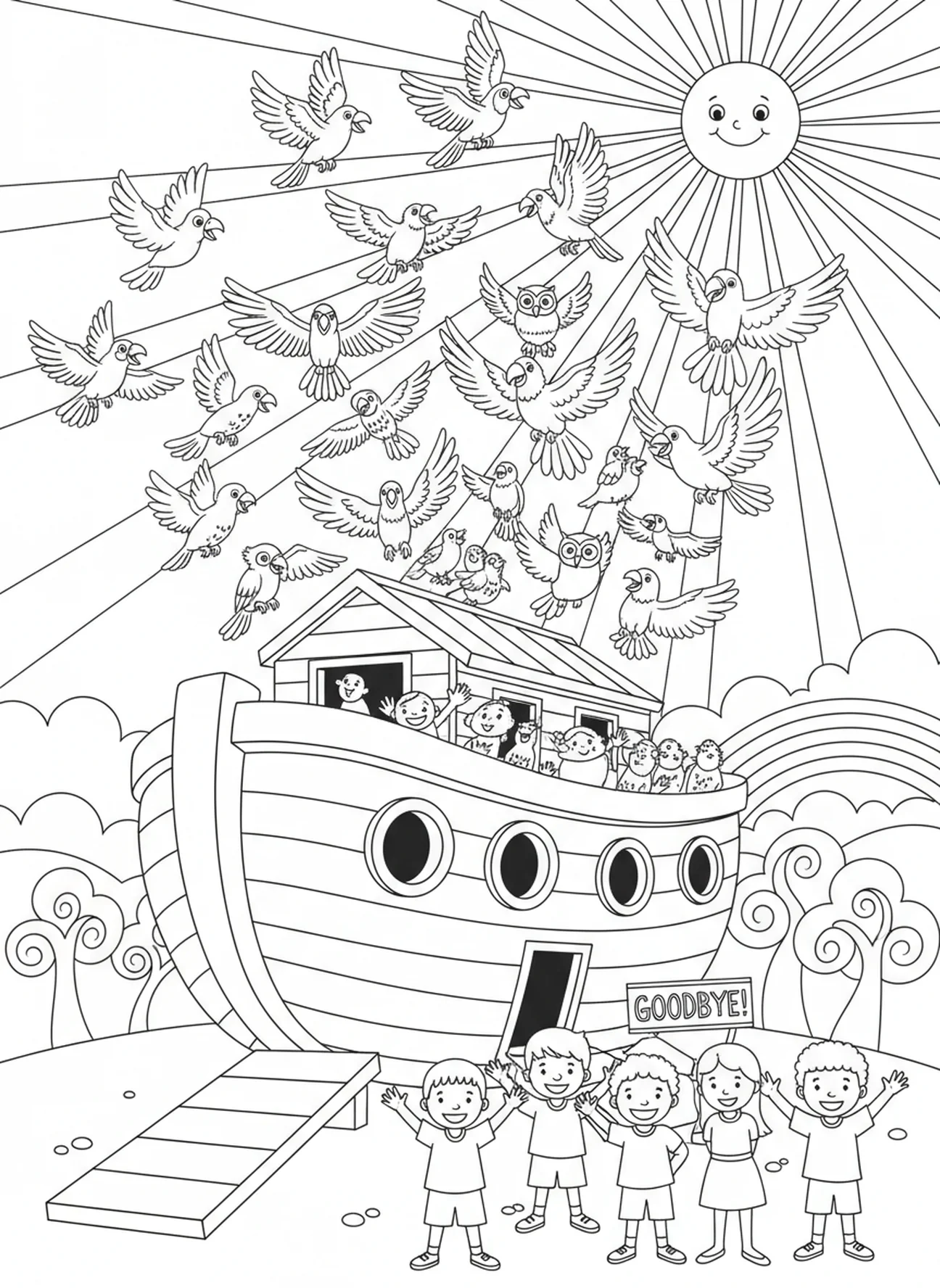 Varios pájaros volando libres del arca, página para colorear de VBS Breaker Rock Beach para niños de 5 a 10 años.