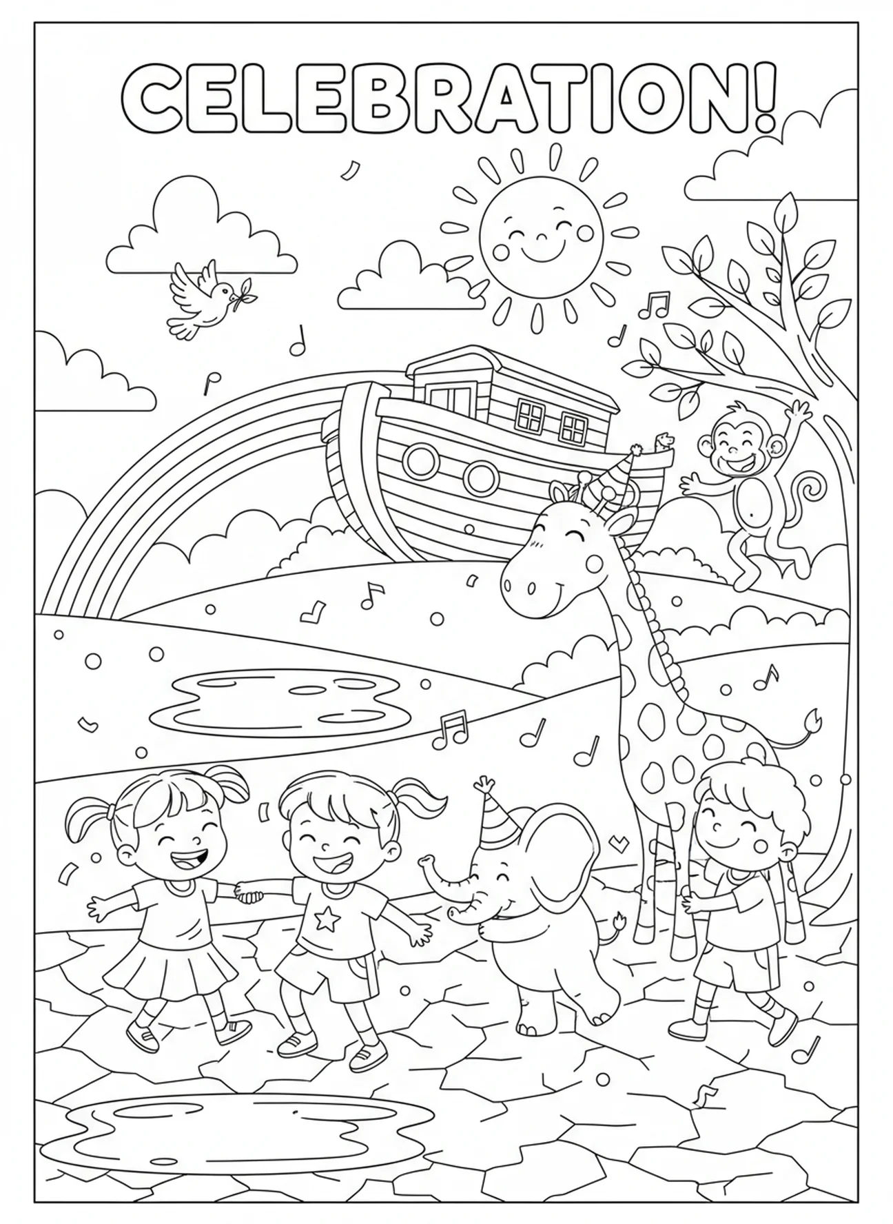 Niños y animales celebrando en tierra firme, página para colorear de VBS Breaker Rock Beach para niños de 5 a 10 años.