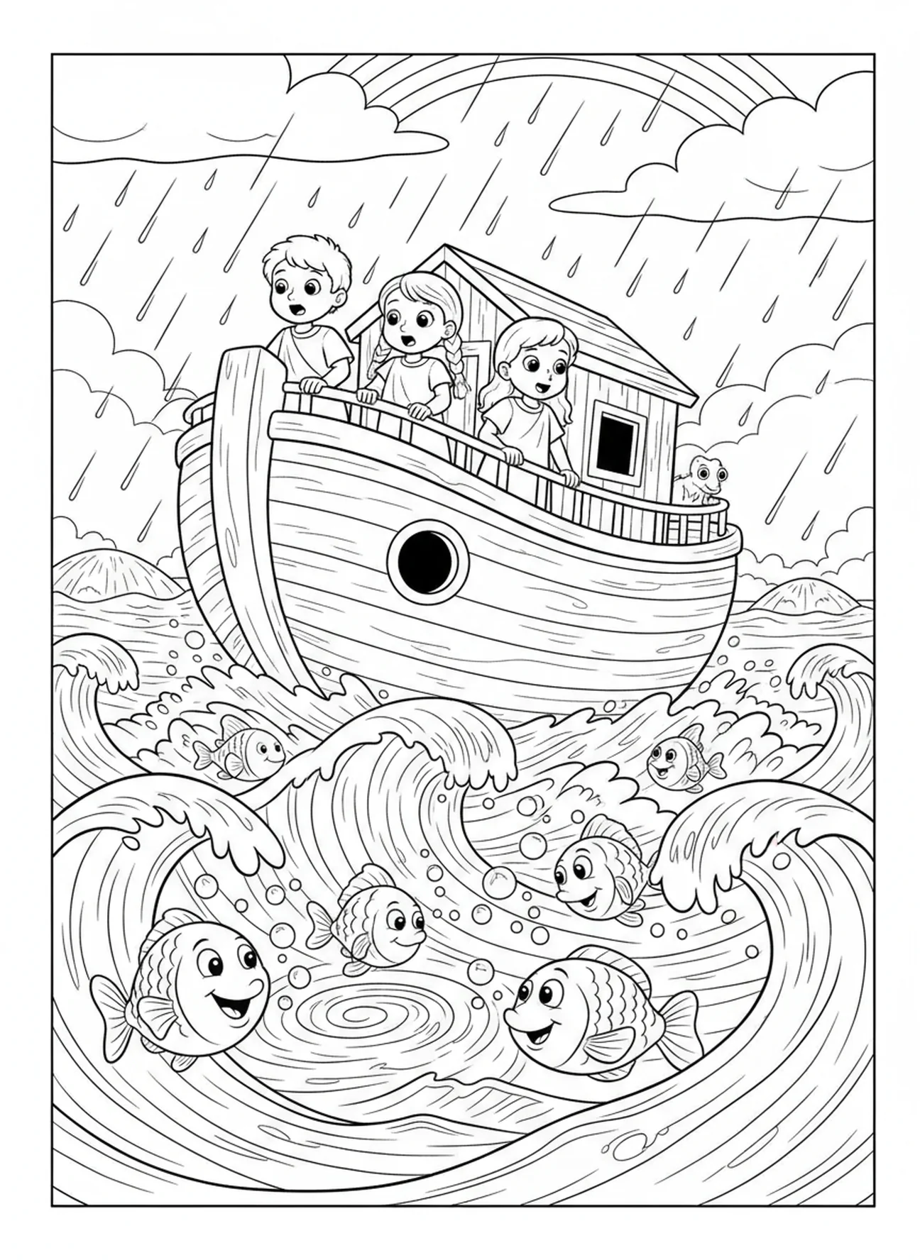 Niños observando cómo las aguas del diluvio suben alrededor del arca, página para colorear de VBS Breaker Rock Beach para niños de 5 a 10 años.
