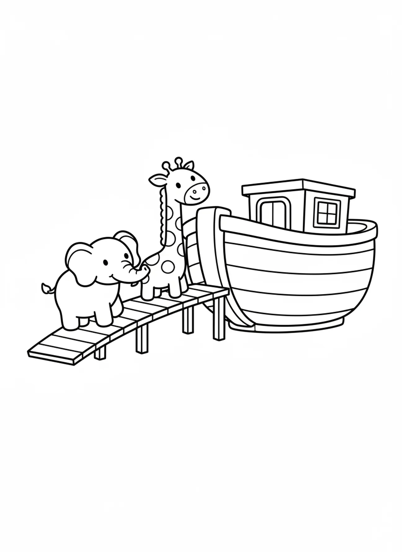 Deux animaux de dessin animé montant à bord de l'arche, page à colorier pour l'École du dimanche pour les enfants de 3 à 5 ans