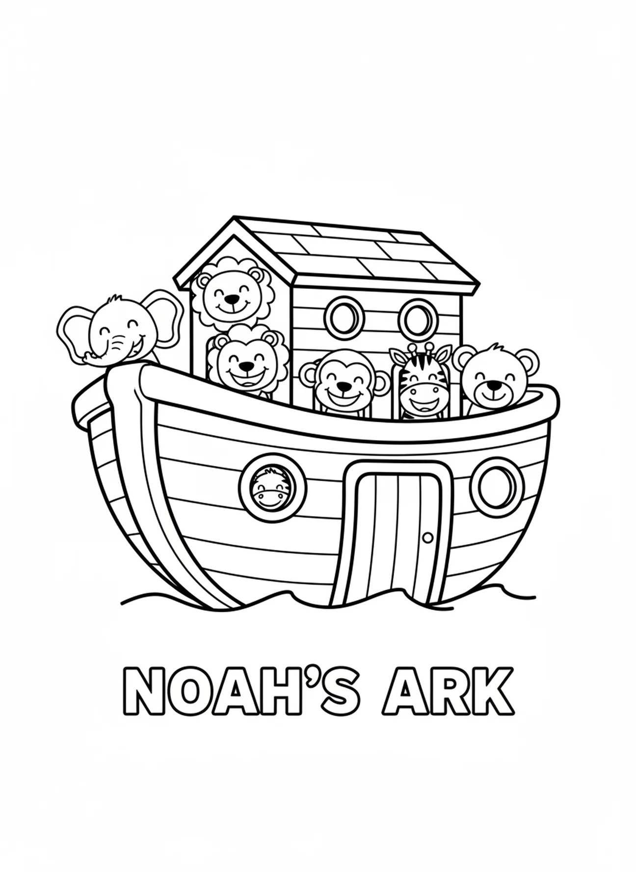 Animaux de dessin animé regardant par les fenêtres de l'arche, page à colorier pour l'École du dimanche pour les enfants de 3 à 5 ans