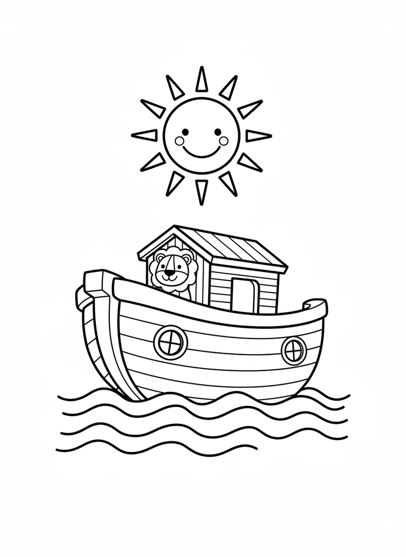Arche flottant sur l'eau avec un soleil souriant, page à colorier École du dimanche pour les enfants de 3 à 5 ans