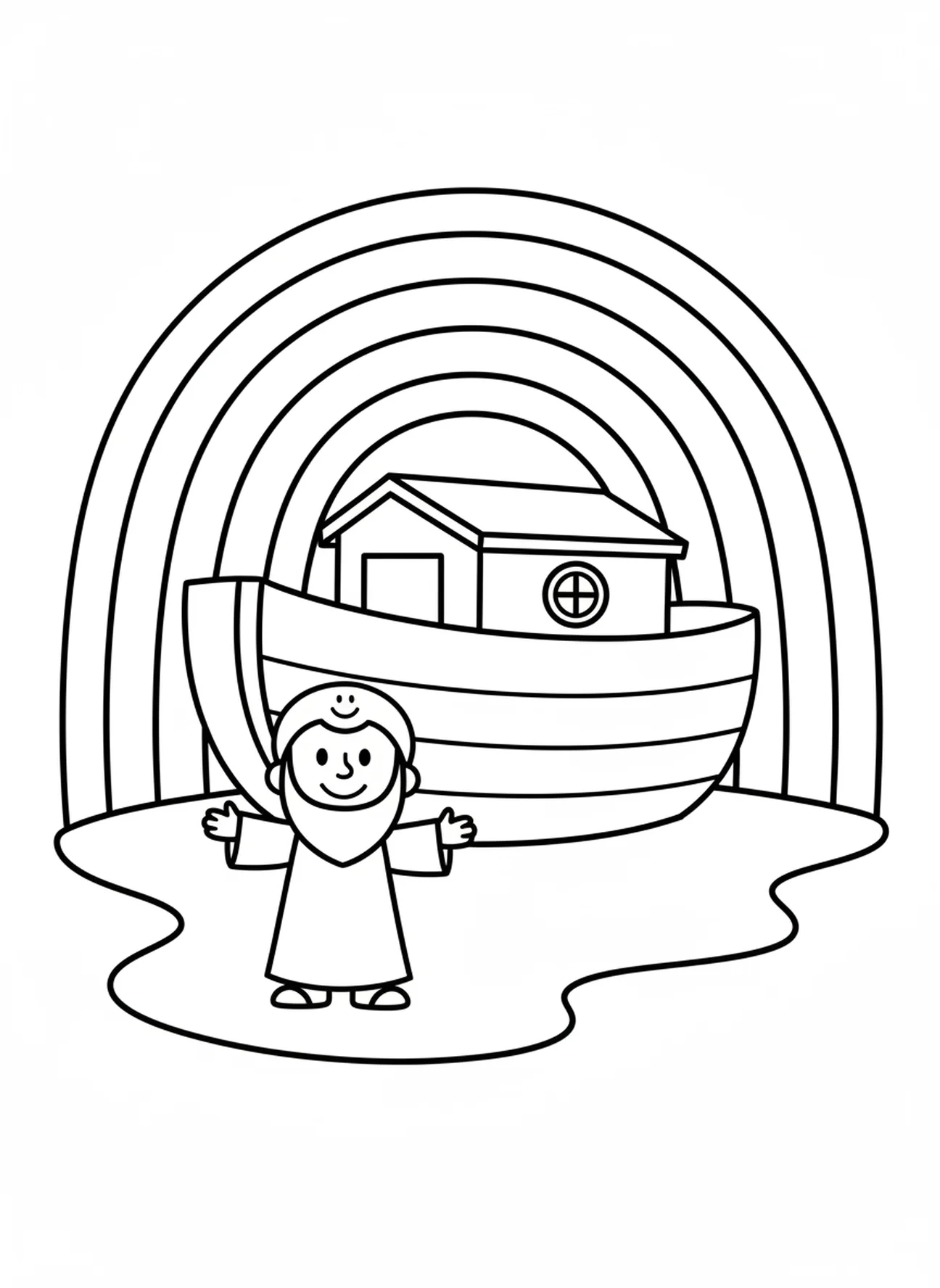 Grand arc-en-ciel au-dessus de Noé souriant, page à colorier pour l'École du dimanche pour les enfants de 3 à 5 ans