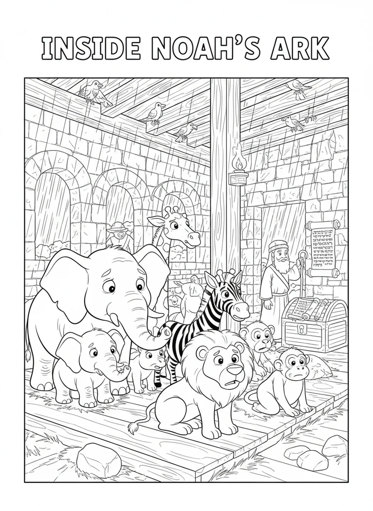 Animales acurrucados dentro del arca durante la tormenta, página para colorear de VBS Breaker Rock Beach para niños de Escuela Dominical de 5 a 12 años.