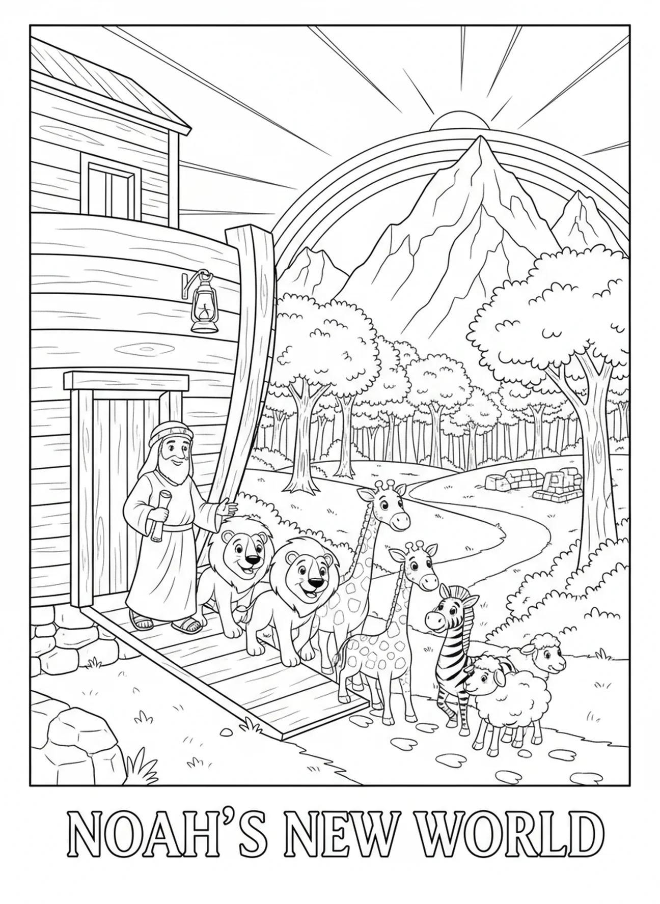 Noé y los animales saliendo del arca a tierra firme, página para colorear de VBS Breaker Rock Beach para niños de Escuela Dominical de 5 a 12 años.