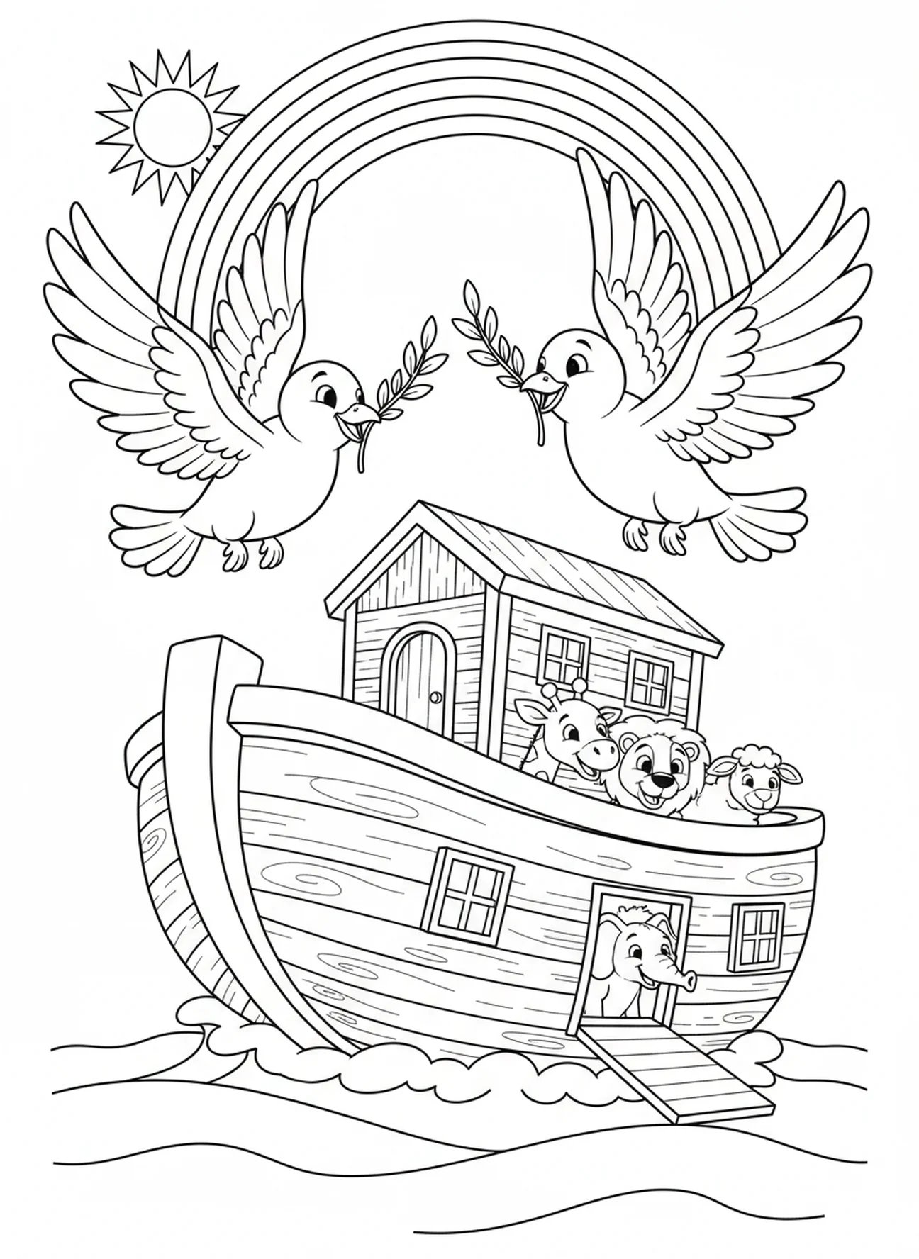 Tauben fliegen mit einem Olivenzweig, Ausmalbild für die Sonntagsschule für Kinder im Alter von 5-10 Jahren