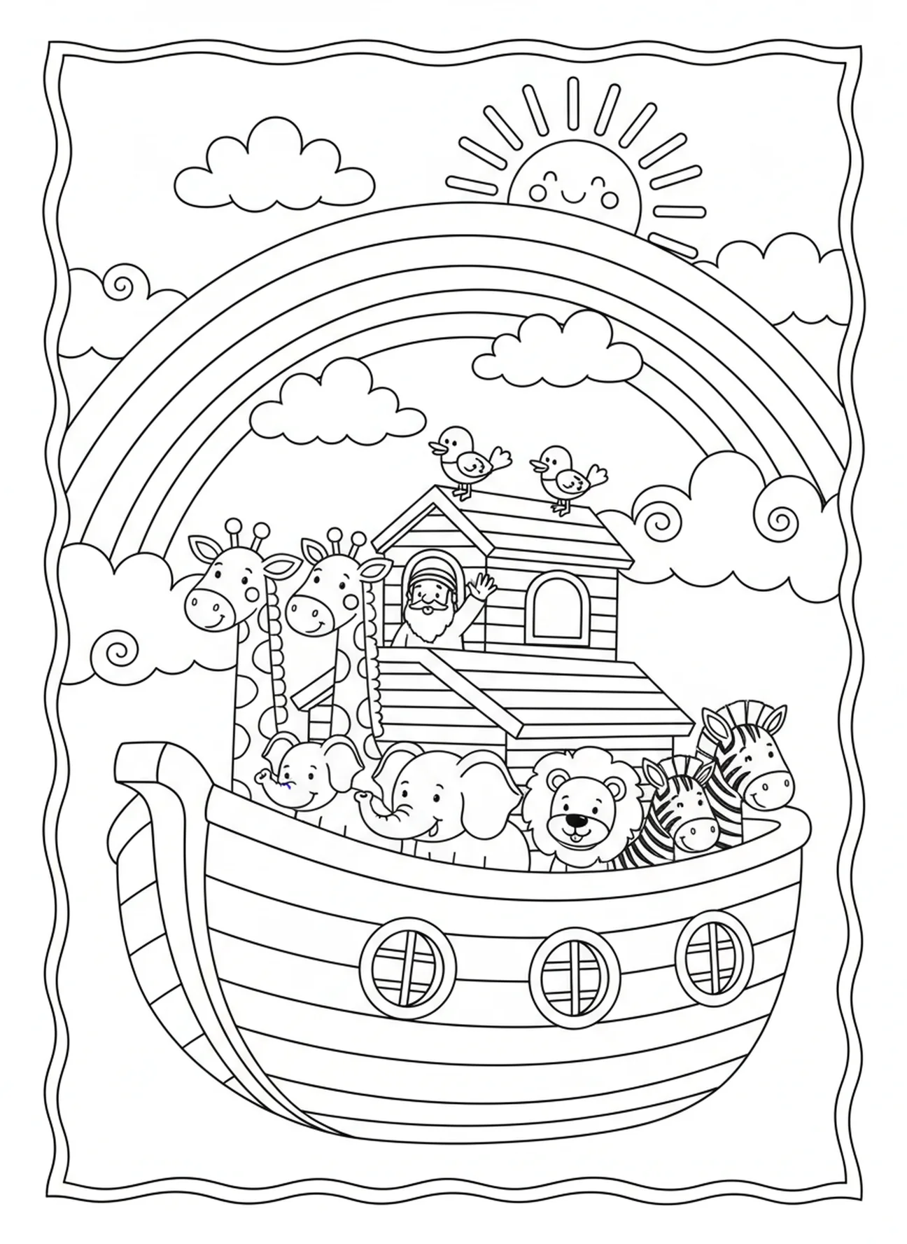 Regenbogen über der Arche, Ausmalbild für die Sonntagsschule für Kinder im Alter von 5-10 Jahren