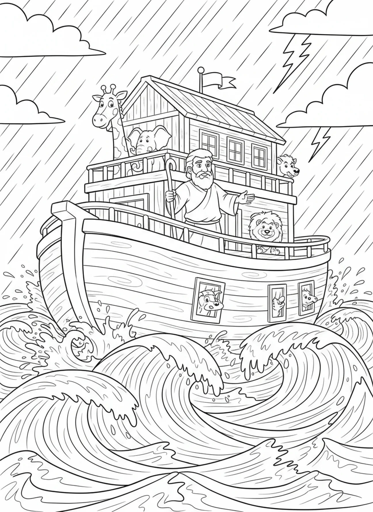 Noah auf dem Deck während des Sturms, Ausmalbild für die Sonntagsschule für Kinder im Alter von 5-10 Jahren