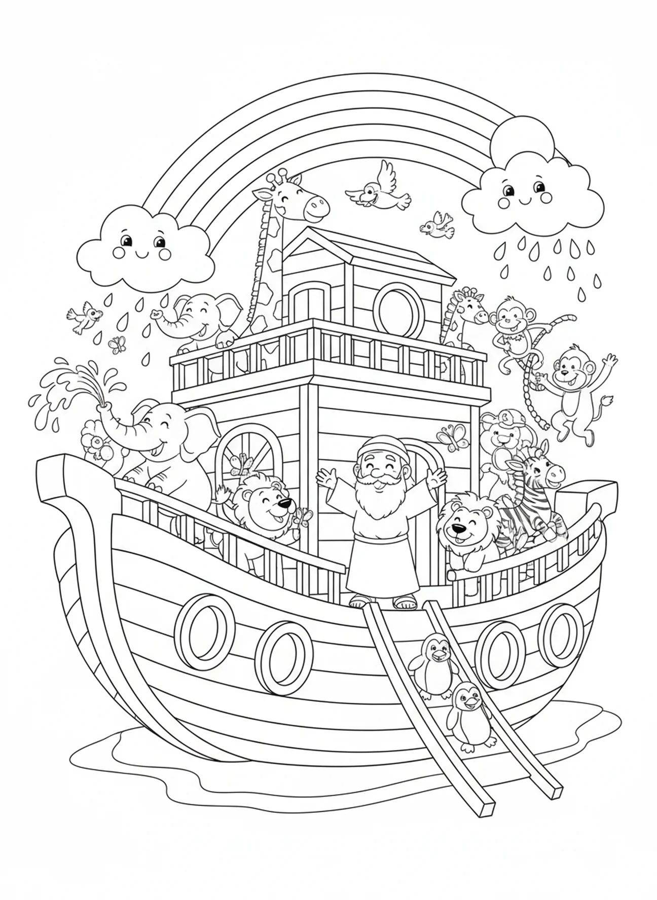 Animaux joyeux sur l'arche, page à colorier pour École du dimanche pour les enfants de 5 à 10 ans