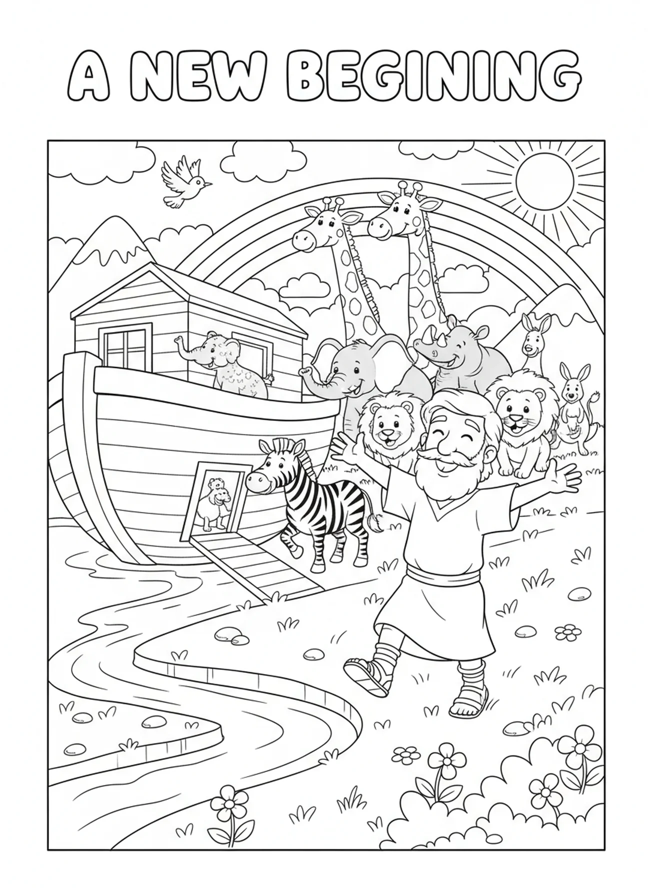 Noé sortant de l'arche, page à colorier École du dimanche pour enfants de 5 à 10 ans