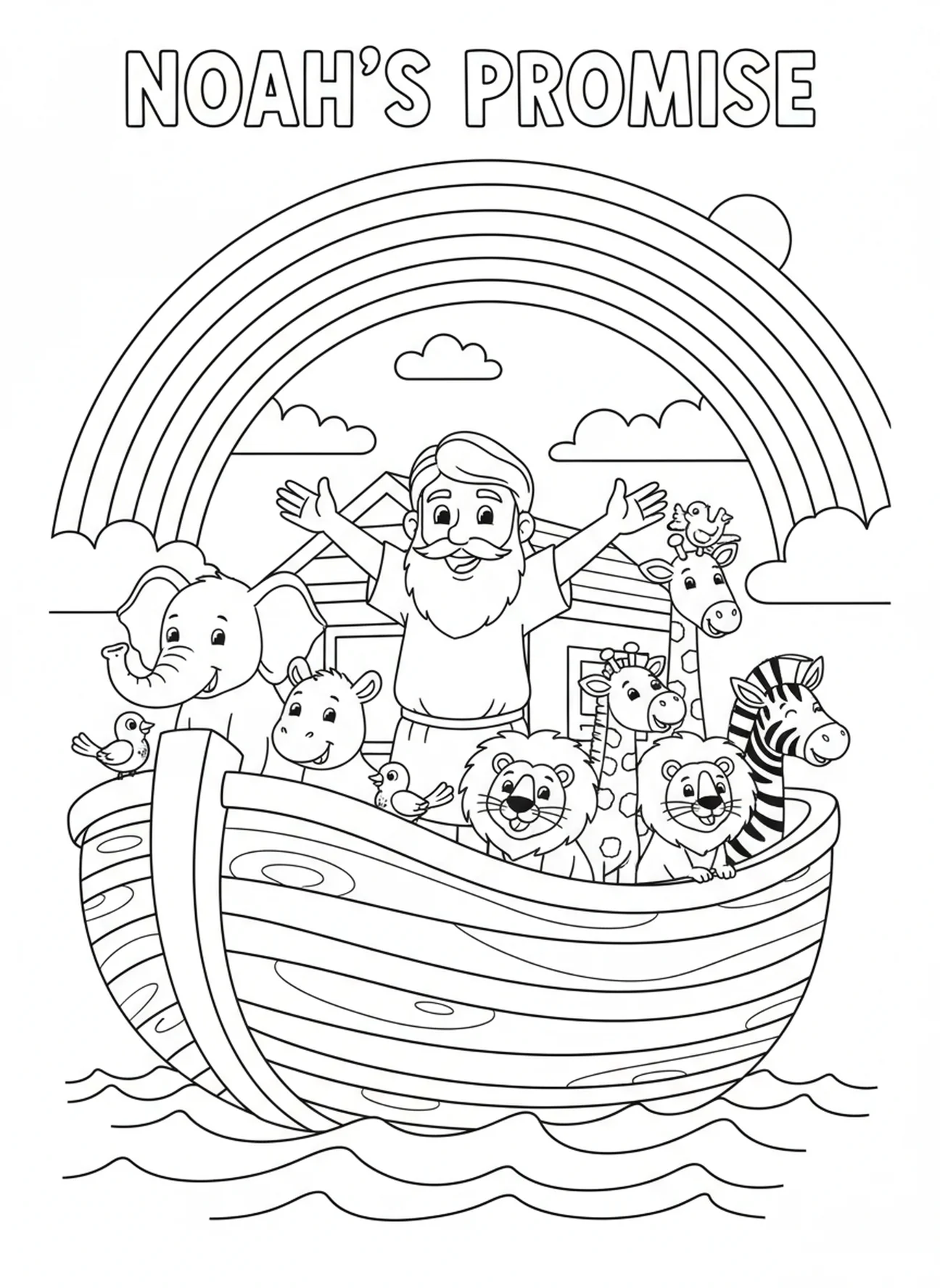 Noé admirant l'arc-en-ciel, page à colorier pour l'École du dimanche pour les enfants de 5 à 10 ans