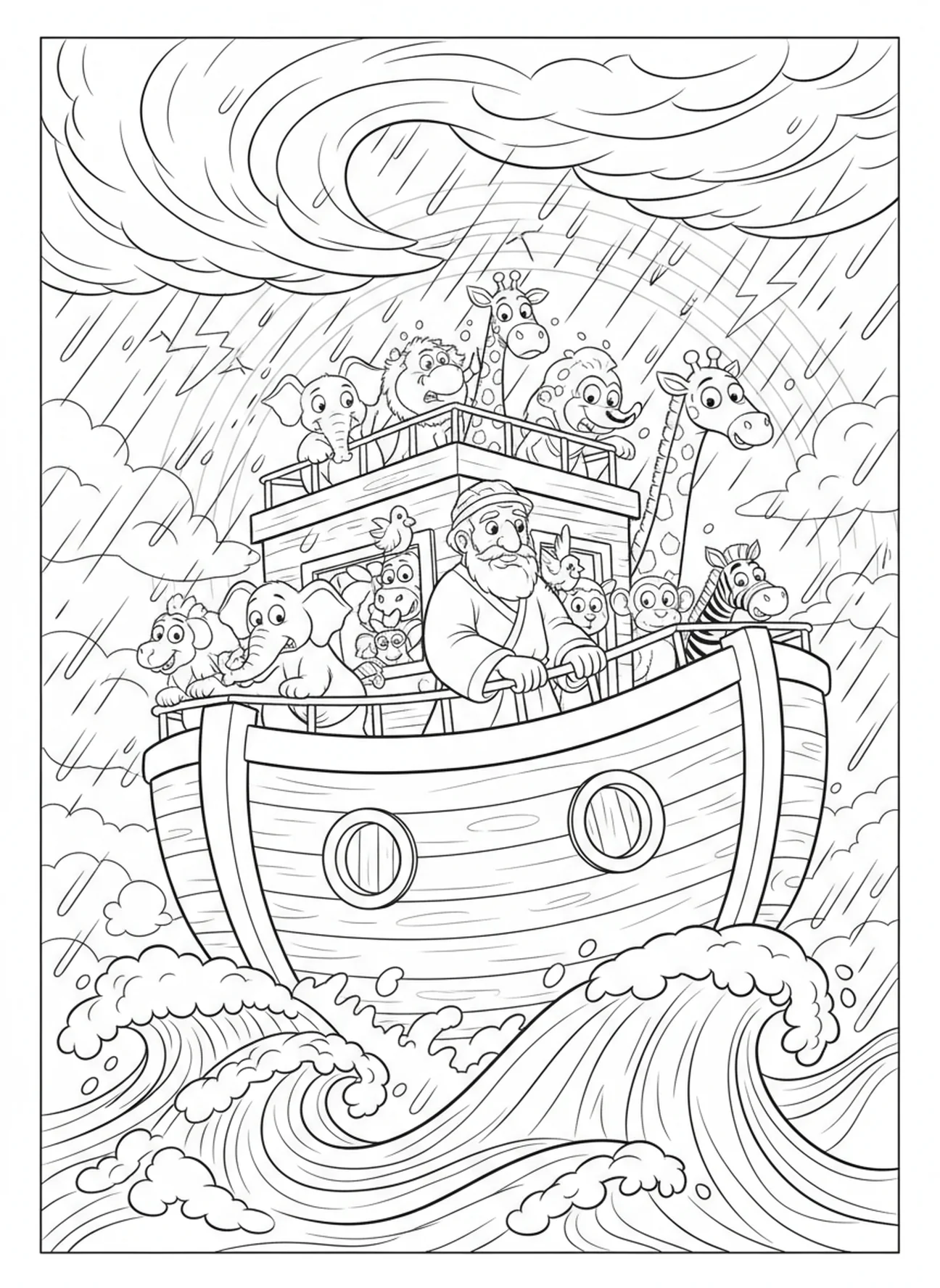 Noé sur l'arche dans la tempête, page à colorier pour le camp de vacances biblique pour les enfants de 5 à 10 ans