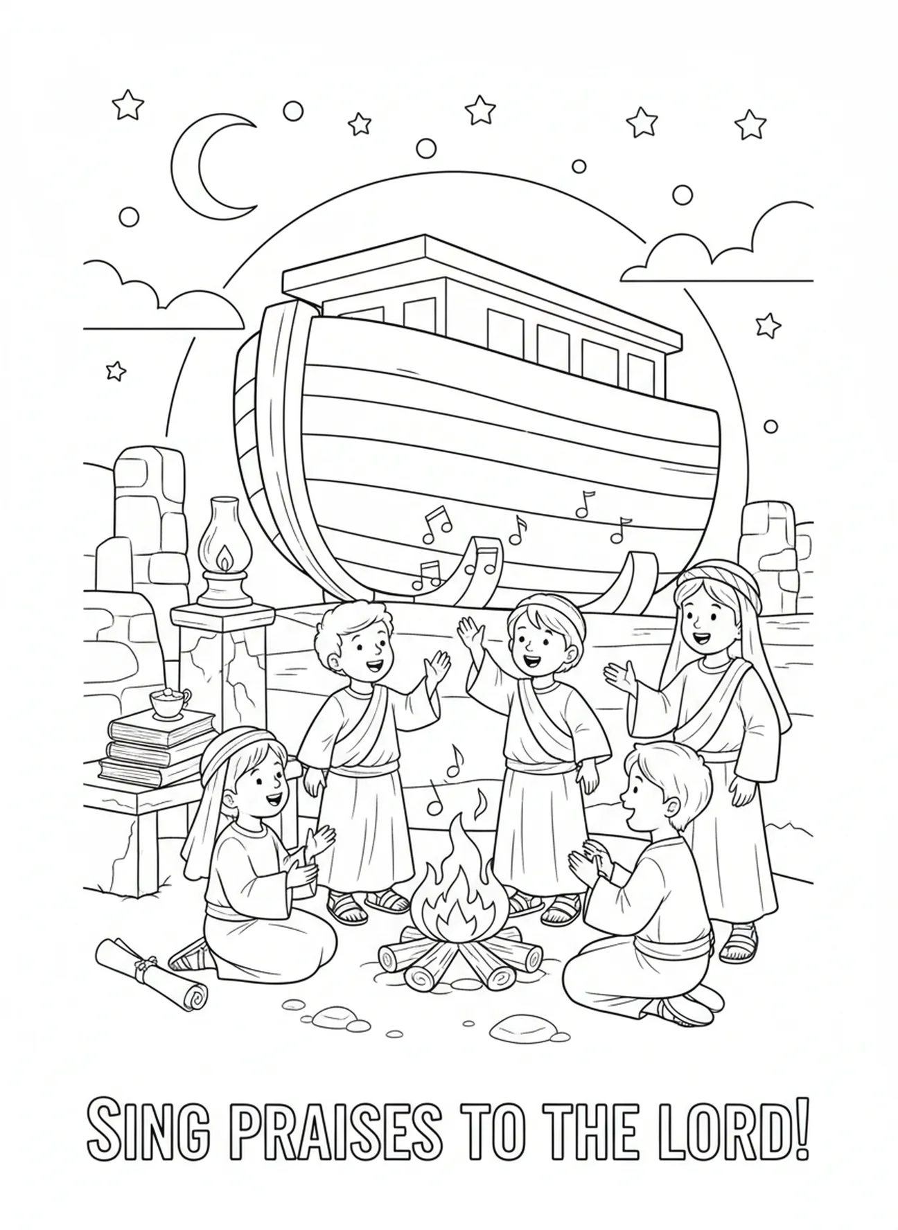 Crianças cantando ao redor da fogueira, página de colorir do acampamento VBS para crianças da Escola Dominical de 5 a 12 anos
